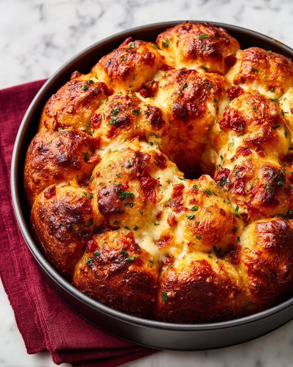 A round bundt pan filled with baked pull-apart bread pieces arranged in a circle, each piece golden brown with melted cheese and red tomato sauce spots on top, showing a slightly crispy and bubbly texture. The pan sits on a white marbled surface with a folded dark red cloth underneath it. The bread pieces have uneven shapes, some more puffed up than others, and the cheese is melted between them, creating gooey layers. photo taken with an iphone --ar 4:5 --v 7