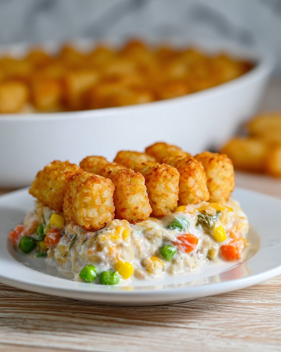 A slice of tater tot casserole is shown on a white plate placed on a wooden table with a white marbled texture background. The dish has two layers: the bottom layer is a creamy, white sauce mixed with visible small pieces of diced carrots, peas, and corn, adding pops of orange, green, and yellow. The top layer consists of golden brown, crispy tater tots arranged in a neat row, giving the dish a textured and crunchy look. In the background, a white casserole dish filled with more tater tots is slightly out of focus. photo taken with an iphone --ar 4:5 --v 7
