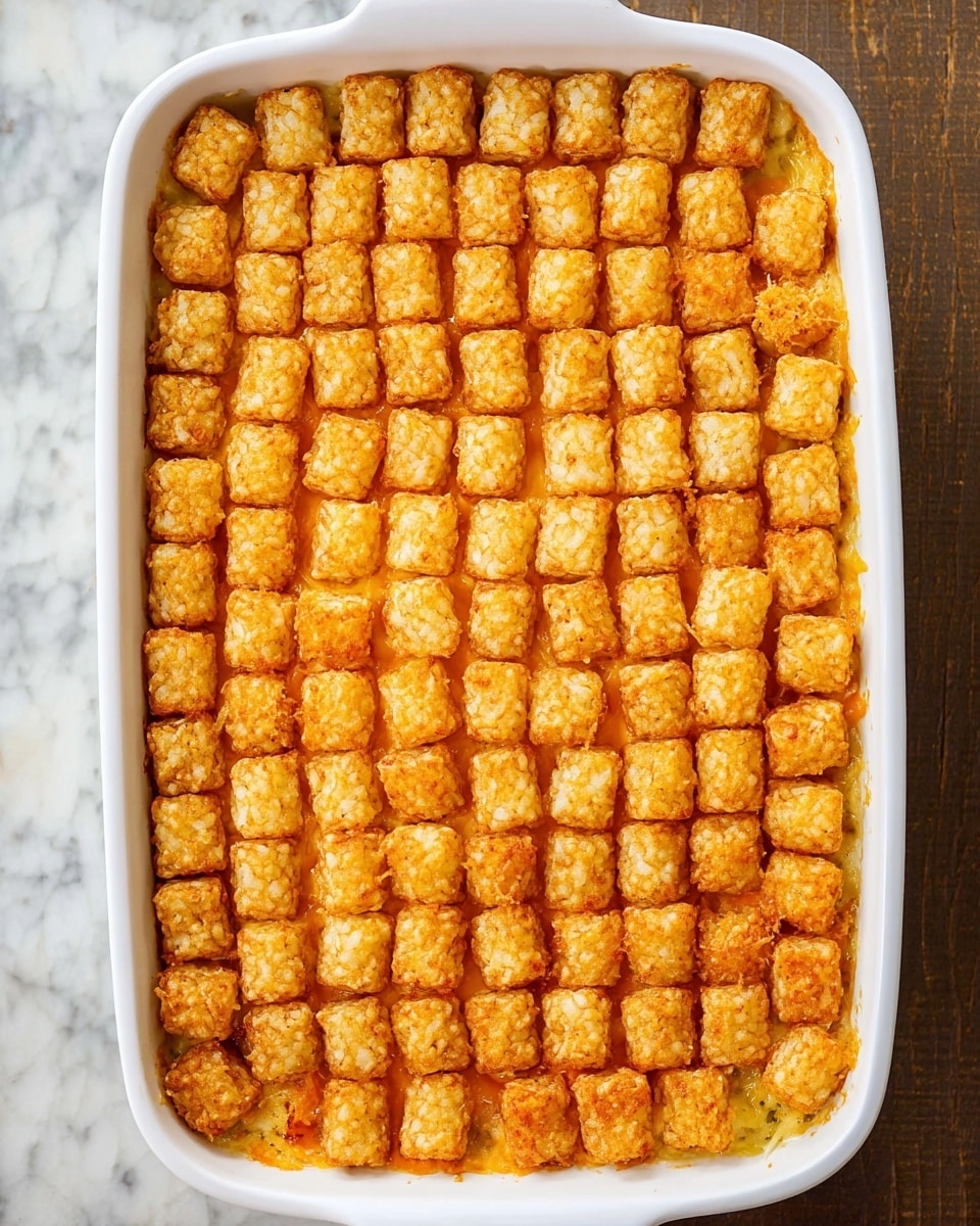 A white rectangular baking dish holds a single layer of perfectly arranged, golden-brown tater tots, tightly packed in a grid pattern. The tater tots have a crispy texture with a light orange tint from seasoning or melted cheese underneath. The dish appears to be filled with a creamy, cheesy mixture just below the tater tot layer, giving it a slightly bubbling, rich look around the edges. The background shows a white marbled surface. photo taken with an iphone --ar 4:5 --v 7