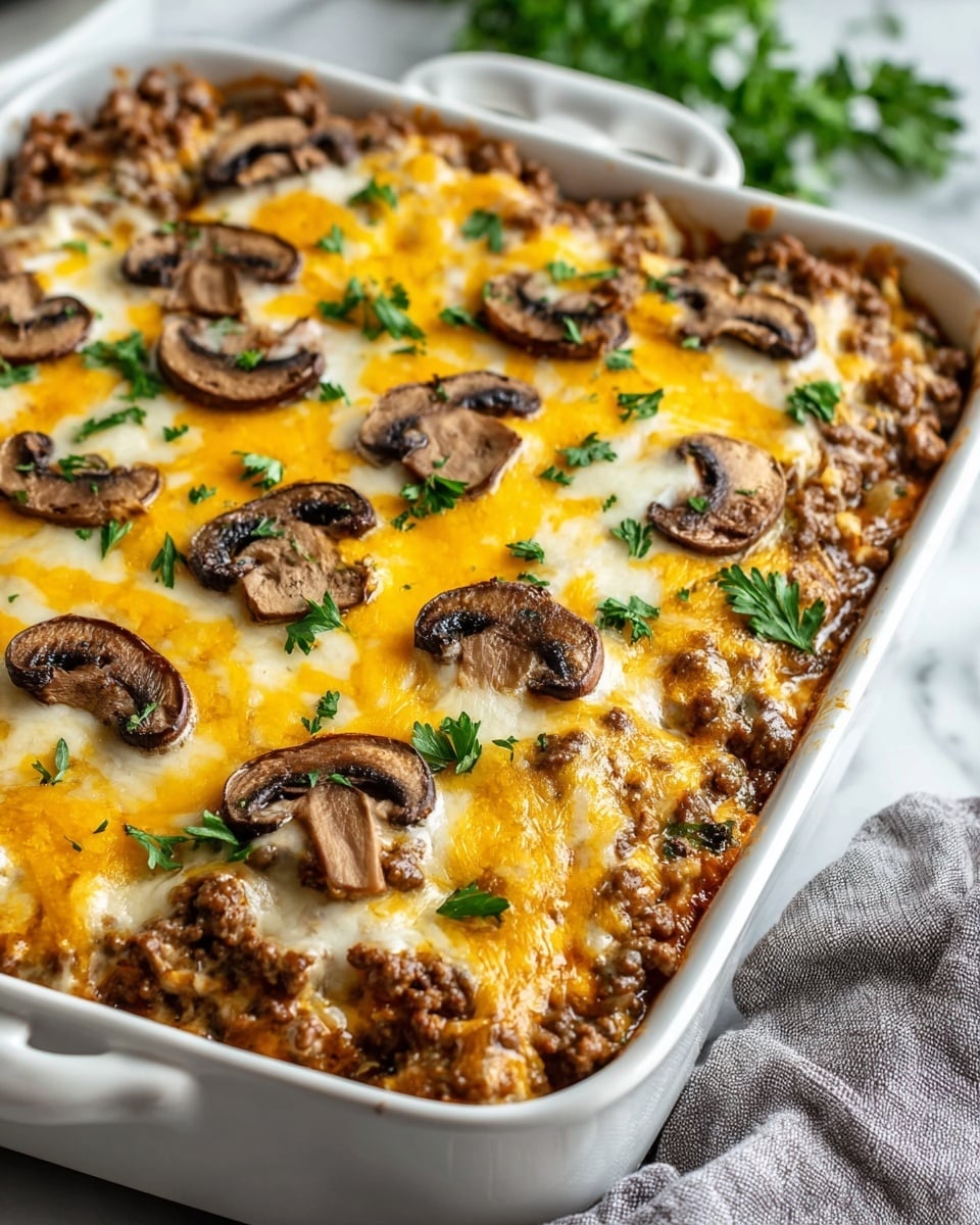 A close-up of a white rectangular baking dish filled with a layered casserole, starting with a base of cooked ground meat in a brown sauce, topped with melted cheese that is golden yellow and white in color, scattered sliced brown mushrooms, and garnished with fresh green parsley leaves. The dish rests on a white marbled surface with part of a gray cloth visible on the side. Photo taken with an iphone --ar 4:5 --v 7