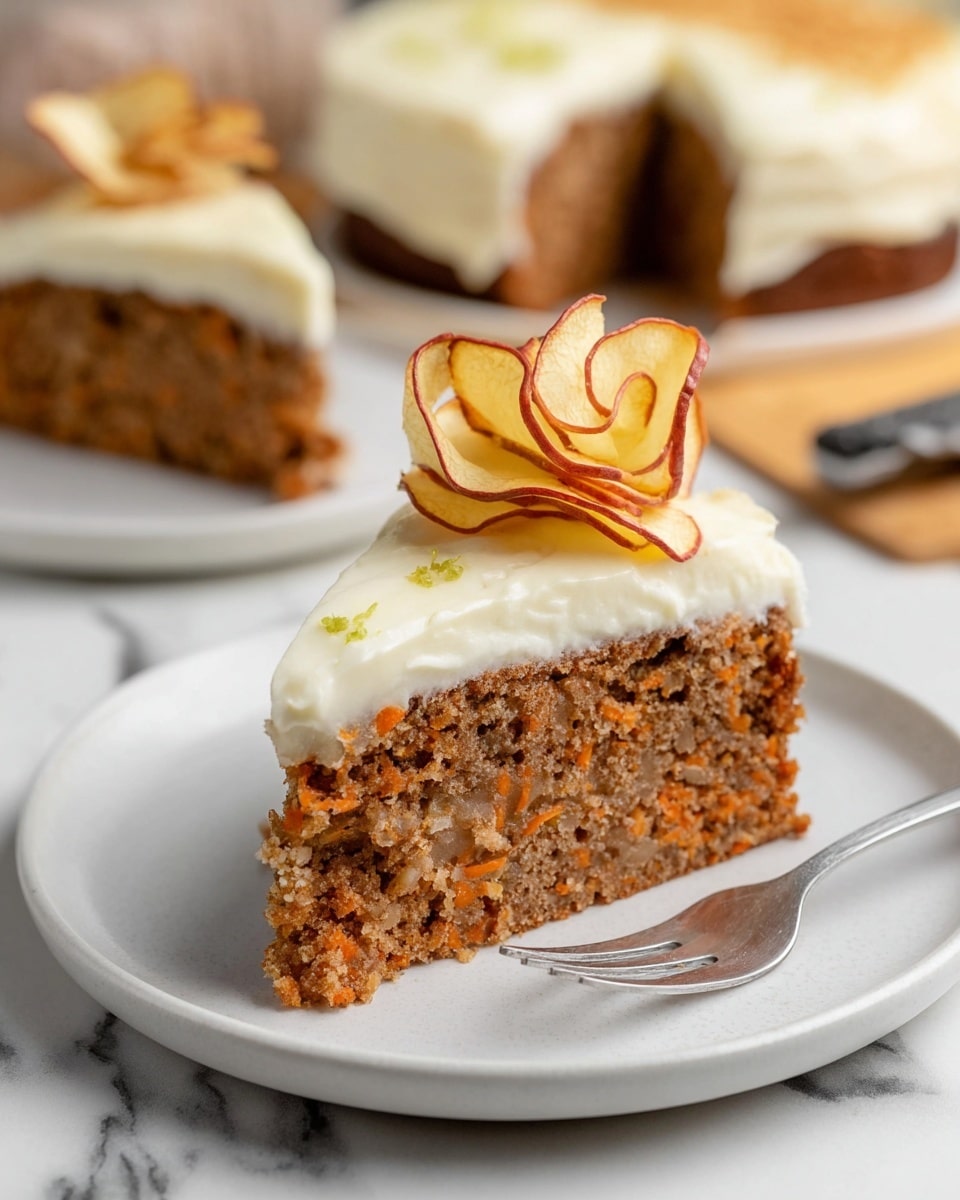 A slice of carrot cake with two layers is shown on a white plate; the bottom layer is a light brown, moist cake with visible small pieces of carrot and nuts, while the top layer is a thick, creamy white frosting. On top sits a thin, curly dried apple slice with reddish edges, adding a decorative touch. In the background, slightly blurred, another slice and the remaining cake on a white plate sit on a white marbled surface. A metal fork lies beside the cake slice on the plate. photo taken with an iphone --ar 4:5 --v 7