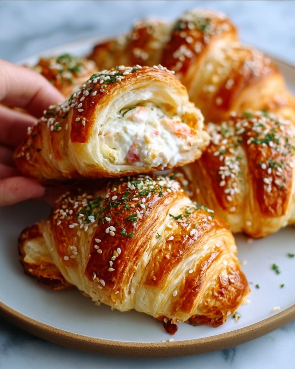 The image shows golden-brown croissants with a shiny glaze, sprinkled with white sesame seeds and green herbs on top. Each croissant has a soft and flaky texture with visible layers of dough folded over. One croissant is cut open, revealing a creamy white filling mixed with small red bits inside. The croissants sit on a round white plate on a white marbled surface. A woman's hand with light skin color is gently holding the edge of the opened croissant. Photo taken with an iphone --ar 4:5 --v 7