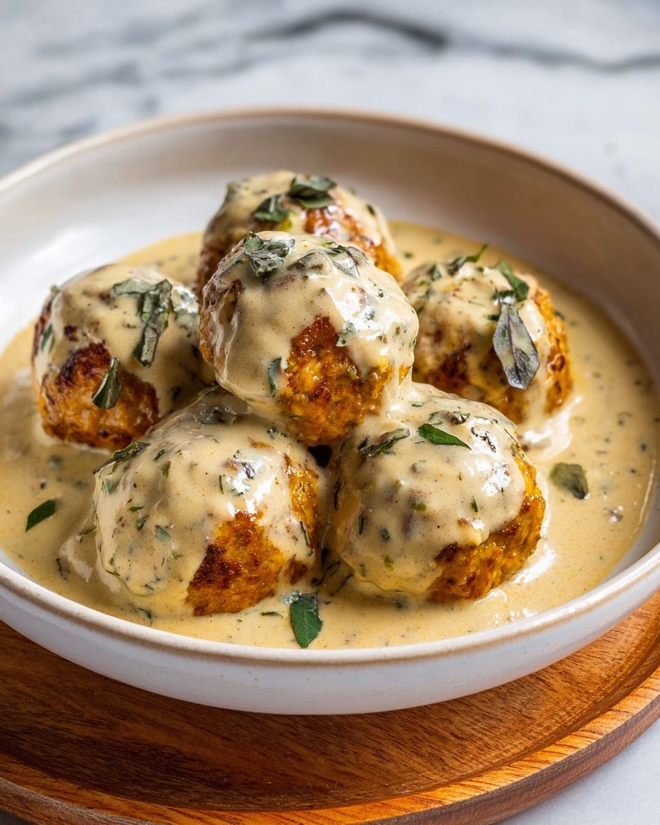 A white bowl filled with six golden-brown meatballs, each covered with a thick, creamy light beige sauce that has visible green herb leaves mixed in. The sauce drips slightly down the sides of the meatballs and pools in the bottom of the bowl, which sits on a wooden coaster. The background is a white marbled texture. The lighting highlights the texture of the meatballs and the smoothness of the sauce, making the dish look warm and appetizing. Photo taken with an iphone --ar 4:5 --v 7