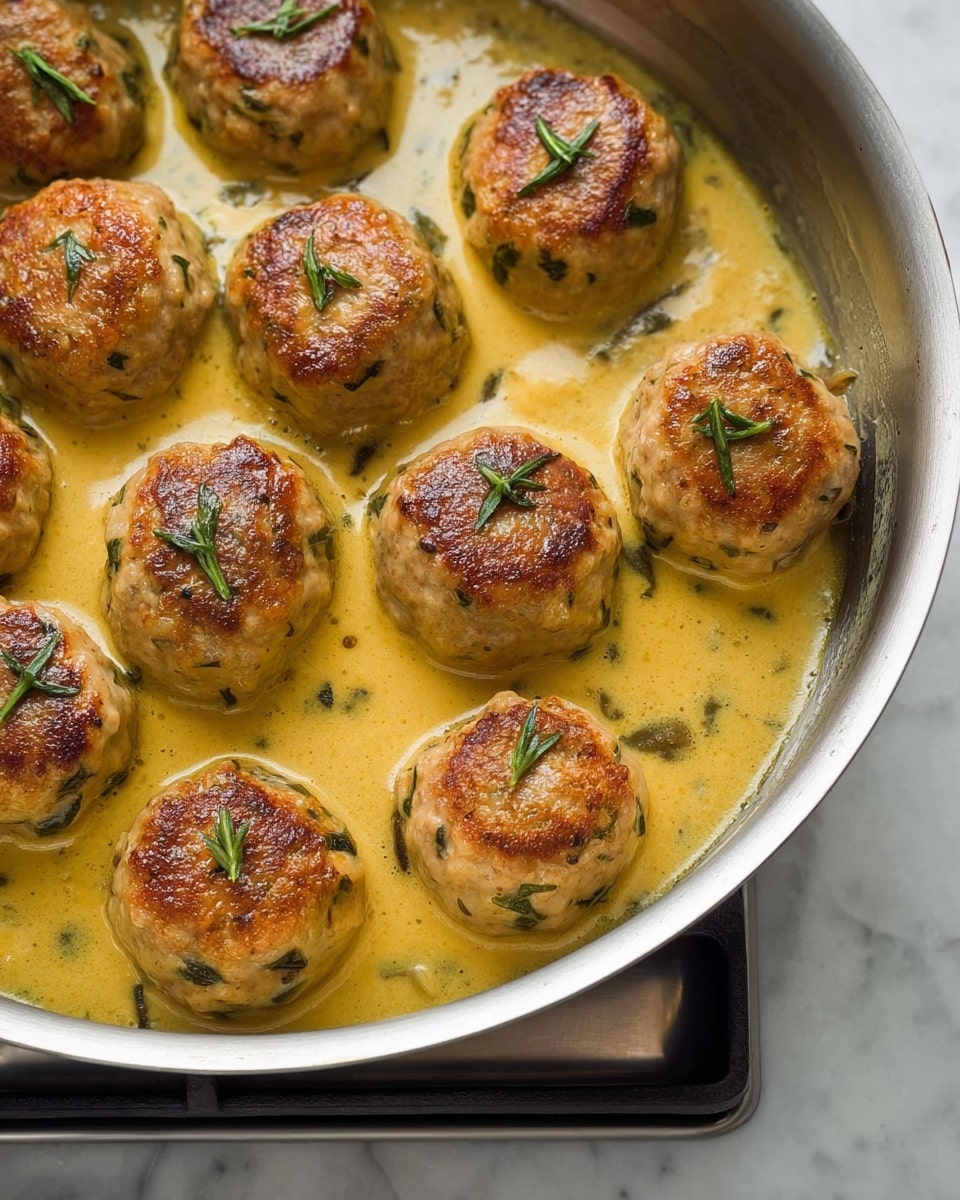 The image shows a close-up of ten round meatballs cooking in a pan with golden brown, slightly crispy tops, each topped with small green herb leaves. The meatballs have a light beige color with specks of herbs visible inside. They sit in a creamy light yellow sauce with a smooth texture, partially covering the meatballs around the sides. The pan's silver edges are visible, and it rests on a stove burner beneath. The whole scene is set against a white marbled texture. photo taken with an iphone --ar 4:5 --v 7