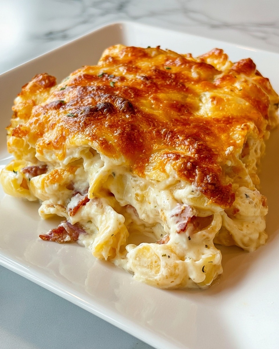 The dish shows a thick, golden-brown melted cheese layer on top that looks crispy and bubbly, covering creamy pasta underneath. The pasta beneath the cheese is coated in a rich white sauce with bits of bacon or meat mixed throughout, visible through the soft, gooey cheese. The pasta shapes seem curly or ruffled, adding texture to the dish. It is served on a white square plate against a white marbled surface, highlighting the warm colors of the food. Photo taken with an iphone --ar 4:5 --v 7