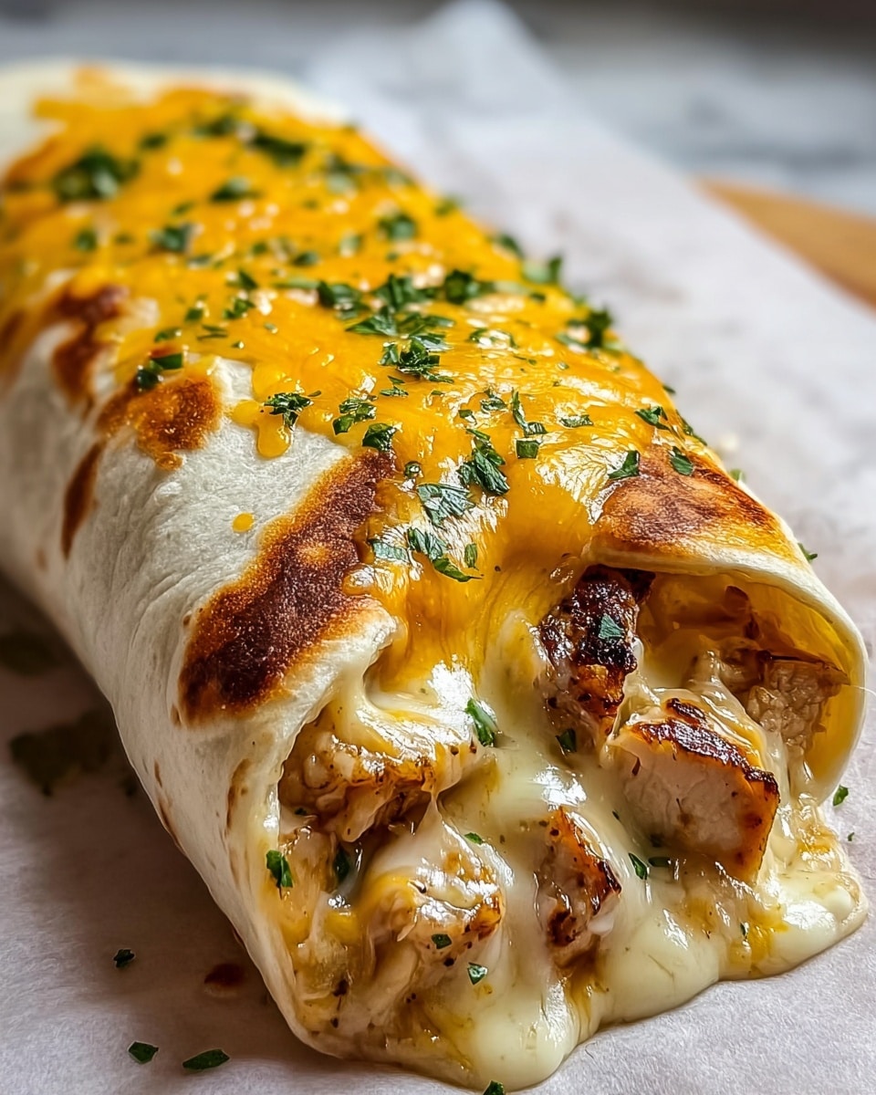 A close-up image of a large burrito resting on white parchment paper, wrapped in a soft white tortilla with slight charring. The top layer is covered with melted yellow and white cheese that looks creamy and stretchy, mixing with small bits of green herbs sprinkled evenly over it. Inside, there are pieces of grilled chicken, browned and juicy with melted cheese dripping down, giving a rich, cheesy look. The texture of the tortilla is soft with toasted spots, showing a warm and fresh appearance. The setting is on a white marbled surface. Photo taken with an iphone --ar 4:5 --v 7