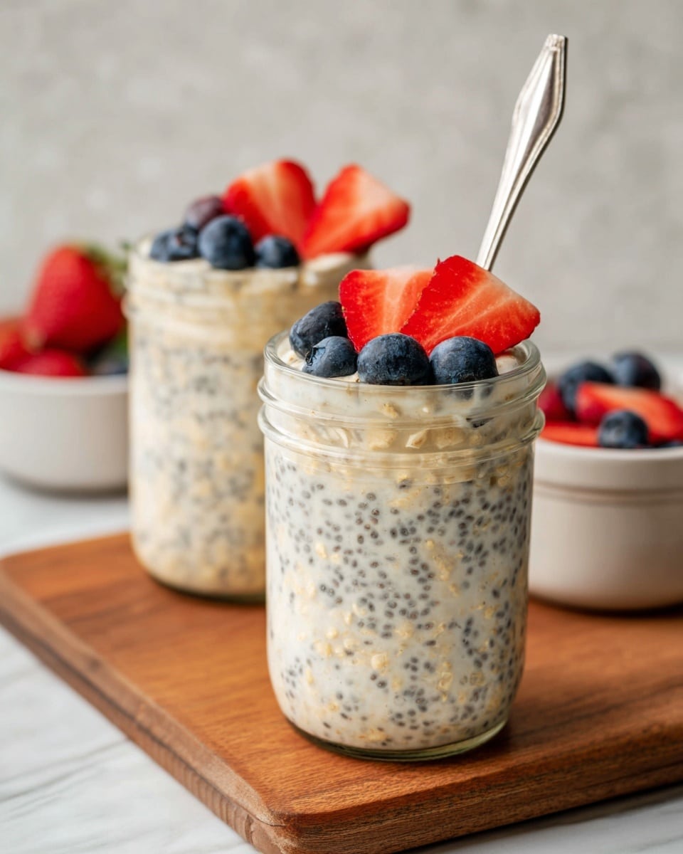 Two clear glass jars are filled with three layers of creamy oatmeal mixed with tiny black chia seeds, creating a speckled light beige texture. The jars are topped with a layer of fresh fruit, including bright red strawberry slices and deep blue blueberries, arranged neatly on the smooth oatmeal surface. Each jar has a spoon sticking out, with one jar in front and the other slightly blurred in the background, both placed on a wooden board against a white marbled surface. In the background, white bowls with more strawberries and blueberries add to the scene. Photo taken with an iphone --ar 4:5 --v 7
