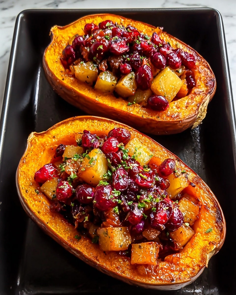 Two halves of roasted squash with a rough brown skin and bright orange flesh form the base layer, each hollowed out and filled with a colorful mixture of diced light tan potatoes and deep red cranberries on top. The filling is coated in a glossy, slightly sticky glaze with small green herb bits sprinkled over it, adding texture and visual contrast. The halves rest side by side inside a black baking tray, the edges slightly browned from roasting, all placed against a white marbled texture. photo taken with an iphone --ar 4:5 --v 7