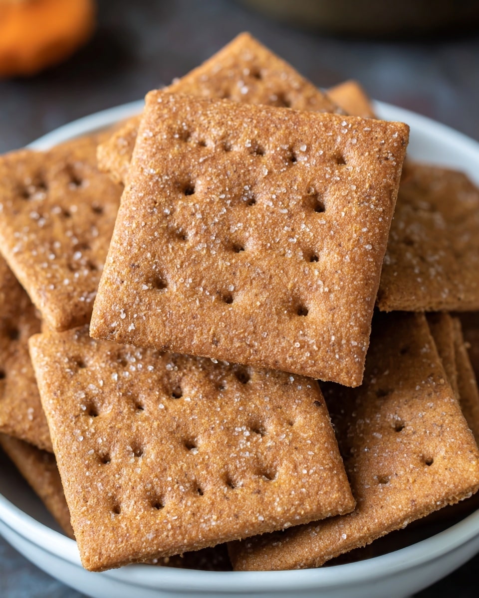 A close-up of several square graham crackers stacked unevenly in a white bowl, each cracker showing a golden-brown color with a rough texture sprinkled with sugar crystals and small evenly spaced holes arranged in rows. The background features a soft focus with hints of orange and dark tones on a white marbled surface. photo taken with an iphone --ar 4:5 --v 7