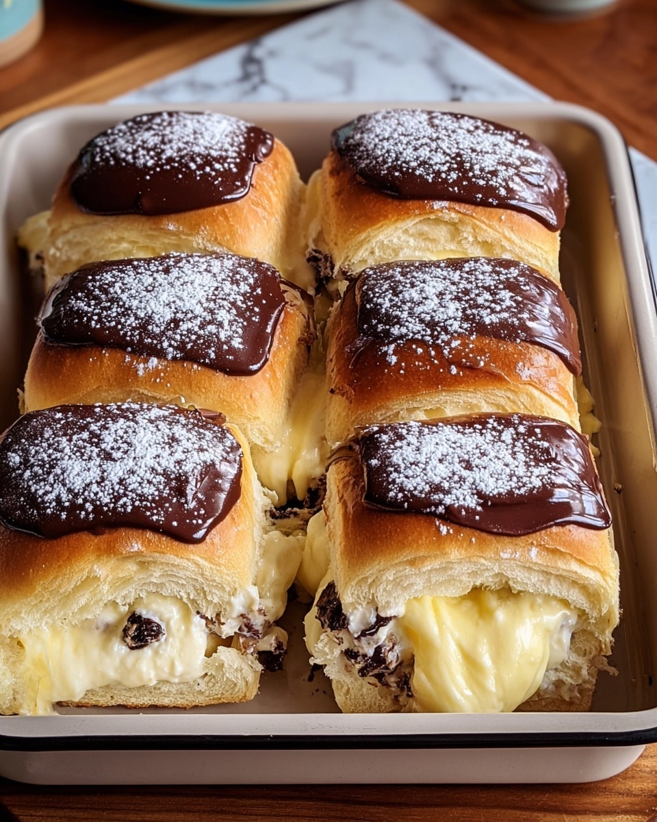 A close-up of six soft bread rolls arranged in two rows inside a white metal baking tray, each roll with a thick, glossy dark chocolate layer covering the tops, sprinkled with white powdered sugar. The rolls are cut open in front to reveal a creamy pale yellow filling melting slightly and dark bits, possibly raisins or chocolate, inside the cream layer. The rolls have a golden-brown crust with a light, airy interior. The tray is placed on a wooden surface, with a glimpse of a white marbled texture background. Photo taken with an iphone --ar 4:5 --v 7