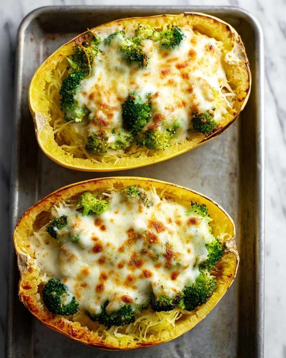 The image shows a halved spaghetti squash filled with several layers on a white plate placed on a white marbled surface. The bottom layer is the yellow, stringy spaghetti squash flesh. On top of that, there are pieces of green broccoli and light-colored cooked chicken. The top layer is melted, slightly browned cheese with small green herb bits sprinkled over it. A silver spoon is inside the squash, scooping some of the filling, and part of a second similar squash is visible on another white plate in the background. Photo taken with an iphone --ar 4:5 --v 7