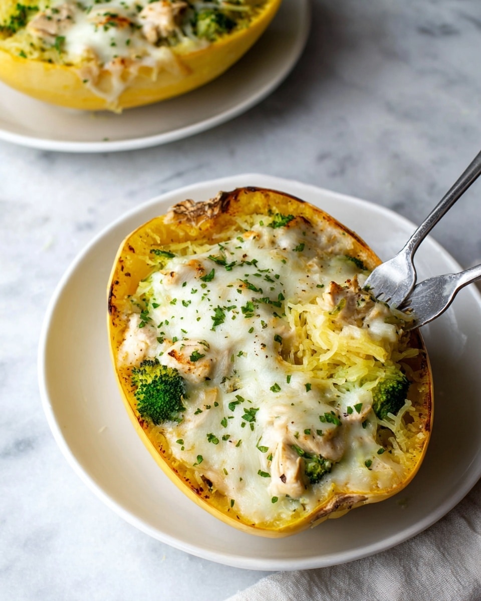 Two halves of spaghetti squash are placed side by side on a metal baking tray set on a white marbled surface. Each half has three visible layers: the base is yellow spaghetti squash flesh with a stringy texture, followed by a middle layer of bright green broccoli florets scattered unevenly, and the top layer is a thick, melted cheese with patches of golden brown from broiling, giving a bubbly, slightly crispy texture. The edges of the squash shells are a pale yellow with slight browning and a natural stripy pattern from the squash skin. photo taken with an iphone --ar 4:5 --v 7