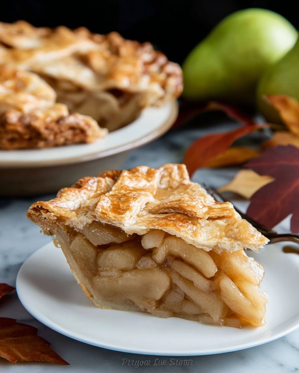 A slice of apple pie sits on a white plate with a slightly flaky golden brown crust on top, showing multiple broken layers that are crisp and textured. Below the crust is a thick, glossy, light tan apple filling made of soft apple slices and syrup, packed tightly together. The pie crust at the base is a pale beige, firm but flaky, supporting the filling and crust above. In the background, a whole apple pie with a similar golden crust is on a white plate, and a green pear and autumn leaves add warm color. The white marbled surface can be seen faintly under the plate. Photo taken with an iphone --ar 4:5 --v 7