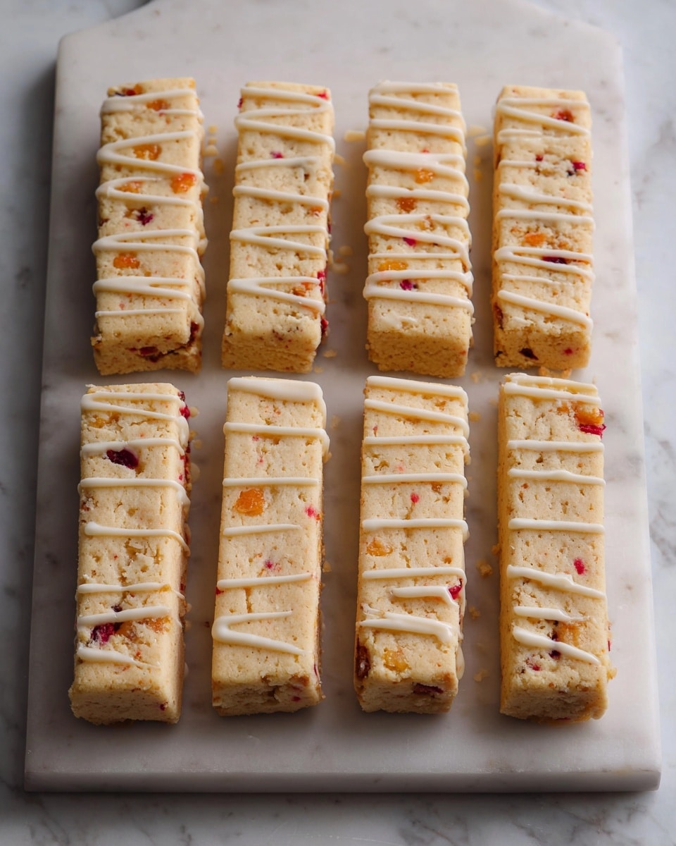 The image shows six rectangular, pale beige shortbread sticks with small red and orange fruit pieces embedded inside. They are arranged neatly in two columns on a white marble cutting board. Each stick has white icing drizzled diagonally across the top in thin lines, adding texture and contrast. The background is a white marbled surface with soft lighting that highlights the crumbly texture of the treats. photo taken with an iphone --ar 4:5 --v 7