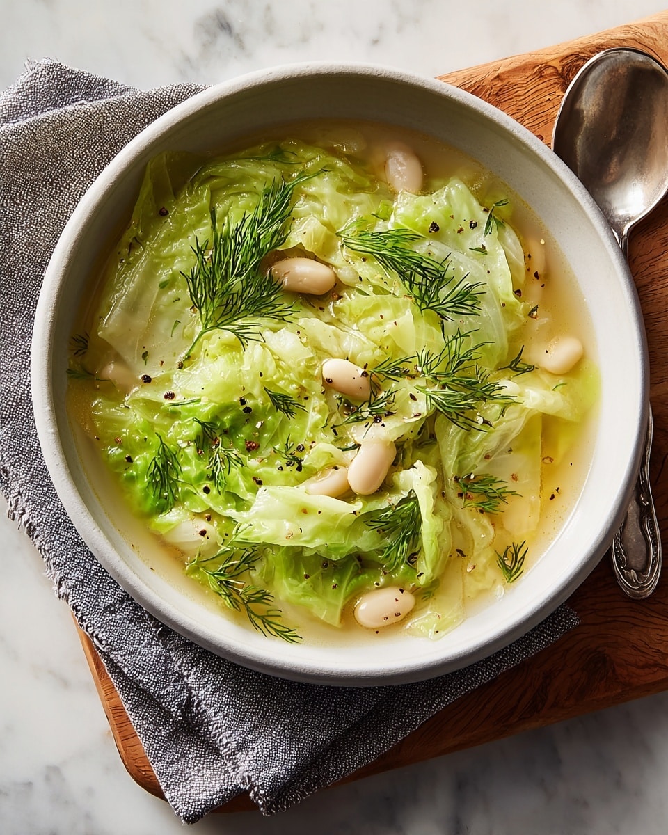 A round white bowl shows a soup with three main layers: the base layer is a light, clear broth with a slight yellow tint; the middle layer consists of soft, pale green cabbage pieces mostly folded and layered around the bowl; the top layer has white beans and small sprigs of bright green dill scattered on the cabbage, sprinkled with small black pepper flakes. The bowl sits on a wooden board with a silver spoon beside it and a gray textured cloth slightly under the bowl, all against a white marbled background. Photo taken with an iphone --ar 4:5 --v 7