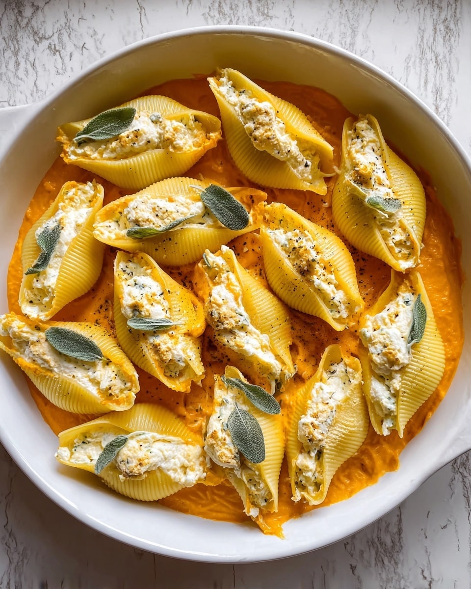 The image shows a white oval dish filled with large pasta shells arranged closely together, each stuffed with a creamy white filling. The pasta shells are placed on a thick layer of orange-colored sauce that looks smooth and rich. Small fresh sage leaves are scattered on top, adding a touch of green contrast. The empty spaces between the shells show the sauce underneath, creating a layered look of sauce and stuffed pasta shells. The background has a white marbled texture beneath the dish. photo taken with an iphone --ar 4:5 --v 7