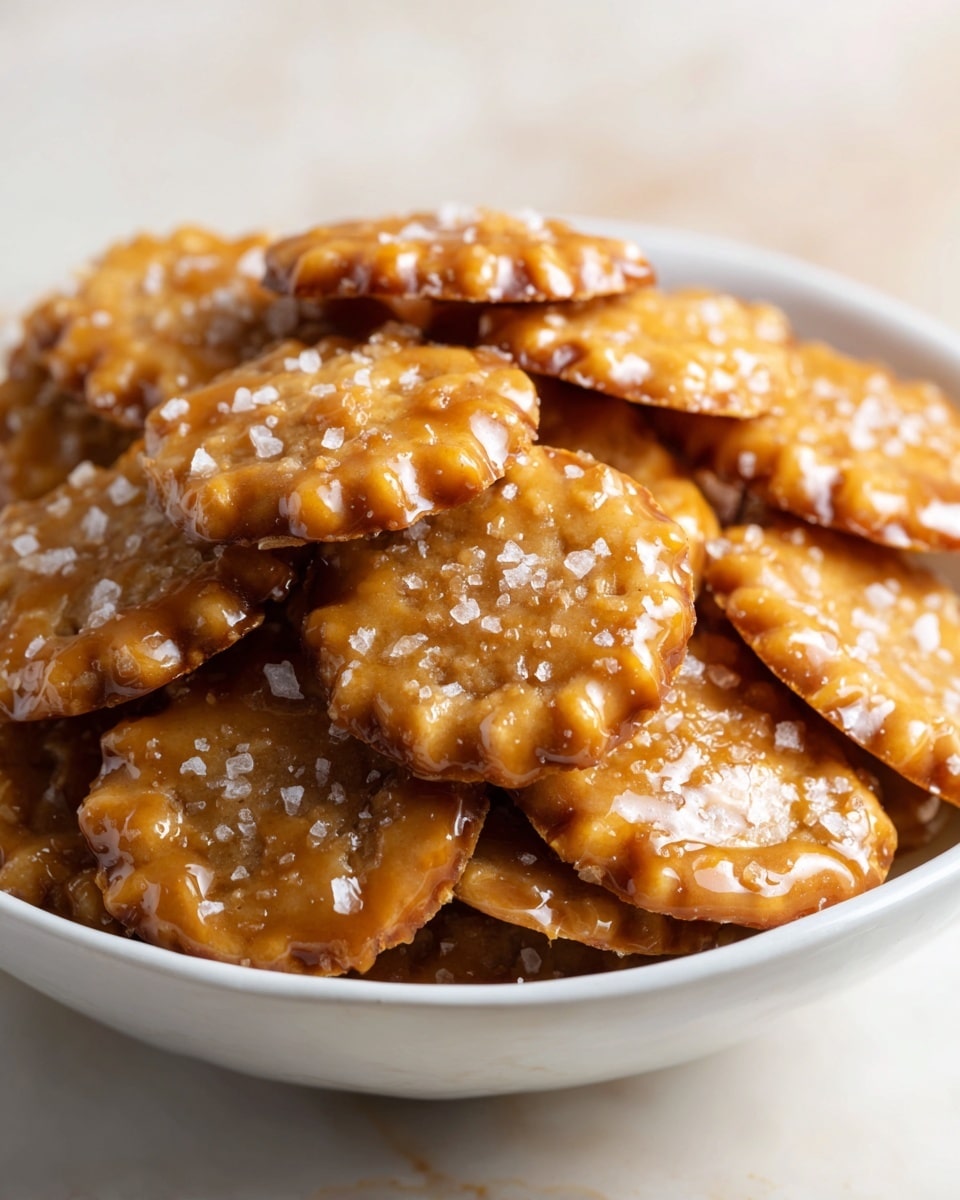 A white bowl filled with a large pile of small round golden brown cookies, each cookie coated with a shiny caramel glaze and sprinkled with large grains of salt on top, giving a textured look. The cookies have a slightly crimped edge and are stacked unevenly, showing multiple layers inside the bowl. The background is softly blurred with a warm tone, and the surface beneath the bowl is a white marbled texture. photo taken with an iphone --ar 4:5 --v 7