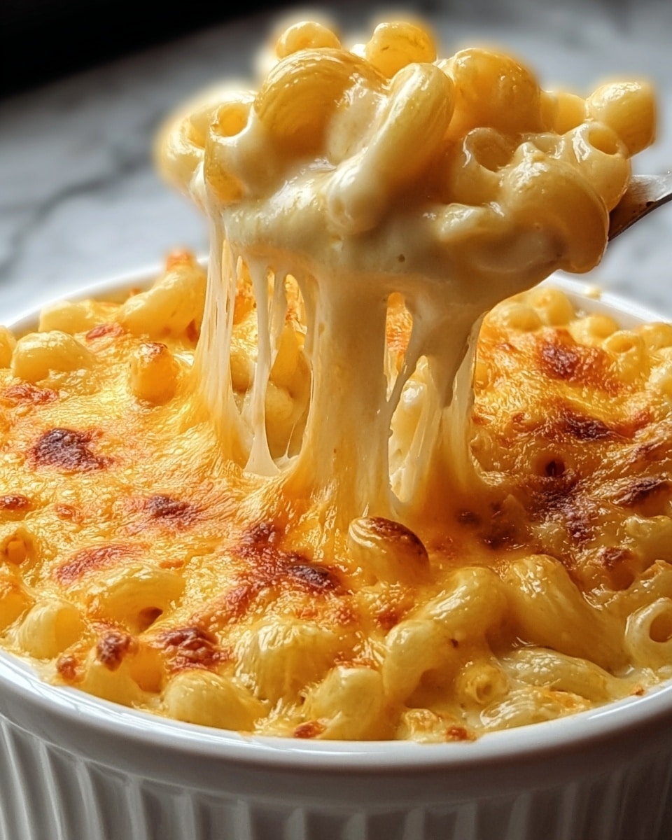 A close-up image of a white bowl filled with baked macaroni and cheese. The dish has two main layers: the bottom layer consists of short, tube-shaped pasta coated in creamy, rich cheese sauce with a smooth and slightly glossy texture. The top layer is golden-brown melted cheese that has a bubbly and slightly crispy surface. Stretched gooey cheese strands are being lifted from the bowl, showing the gooey, stretchy texture of the melted cheese. The bowl is placed on a white marbled surface. photo taken with an iphone --ar 4:5 --v 7
