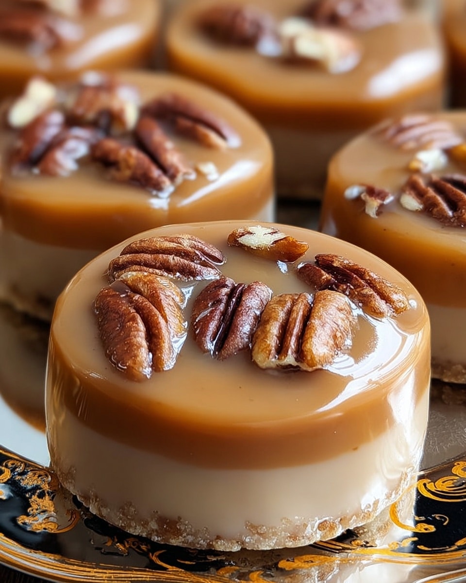 This image shows a close-up of small round candies with three visible layers. The bottom layer is light brown and sandy in texture, forming the base. Above that is a thick, smooth, glossy caramel-colored layer that covers the whole top and sides of the candy. The top layer has pieces of brown pecan nuts embedded inside the caramel layer, with their curved shapes and textures clearly visible. The candies are arranged closely together on a shiny surface with gold and black ornate details. Photo taken with an iphone --ar 4:5 --v 7