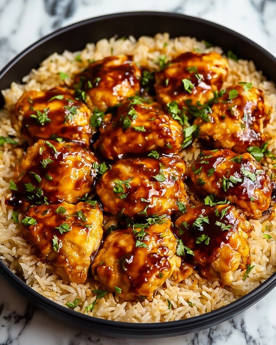 The dish shows a round black pan filled with a base layer of cooked rice, which is light brown with slightly separated grains, covering the entire pan bottom. On top of the rice, there are multiple pieces of glazed chicken placed close together, each piece with a golden-brown color and a shiny, dark brown thick sauce glaze that has a slightly sticky texture. Small green herb leaves are scattered over the chicken pieces, adding fresh color contrast. The background is a white marbled surface. Photo taken with an iphone --ar 4:5 --v 7