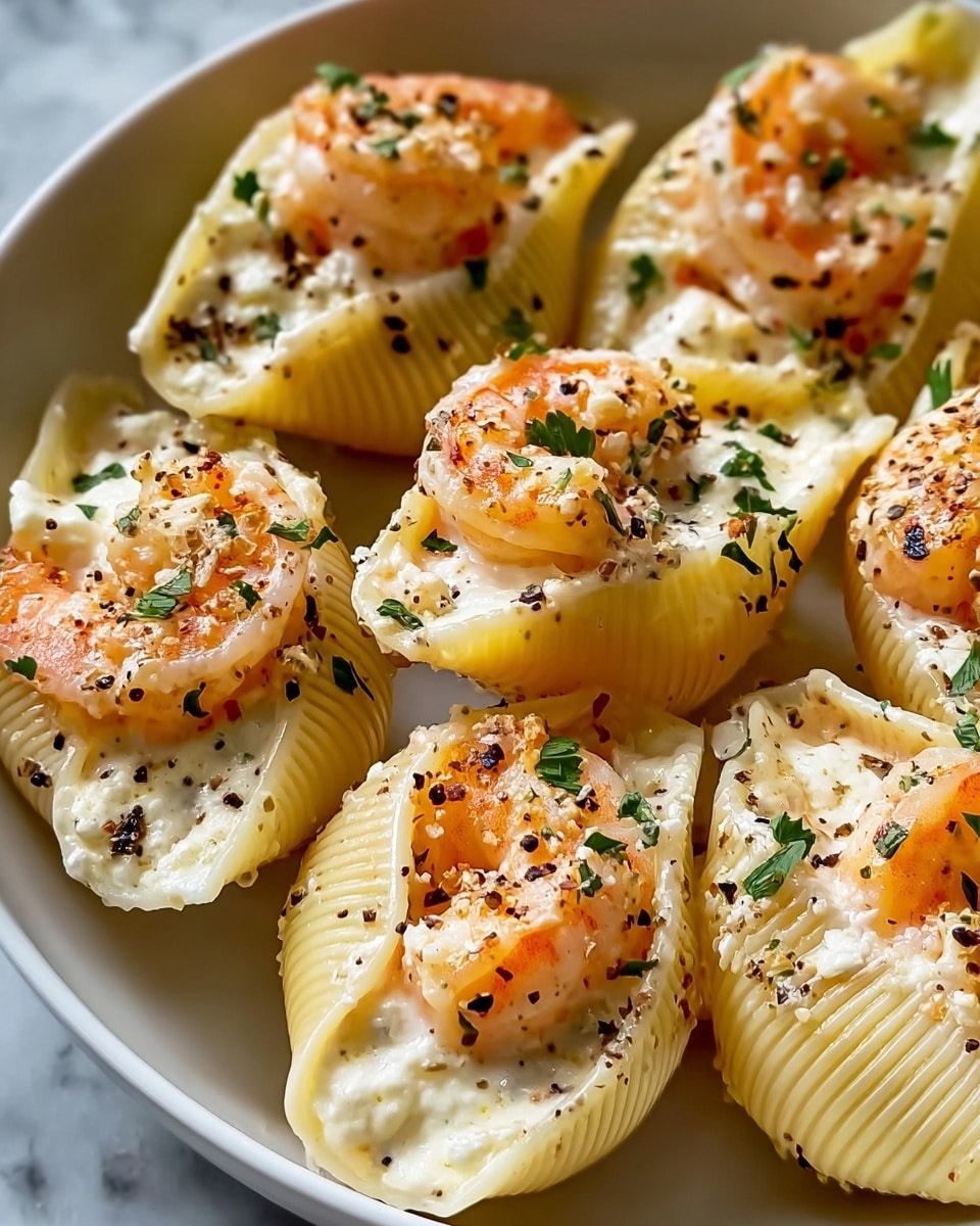 The image shows several white pasta shells, each filled with a creamy white cheese mixture as the base layer, topped with cooked orange shrimp pieces that have slight char marks, and sprinkled with small green parsley flakes and black pepper. The pasta shells have ridged sides and are arranged closely together in a white bowl set on a white marbled surface. The dish has a rich, textured look with the smooth cheese and the slightly rough shrimp pieces standing out clearly. photo taken with an iphone --ar 4:5 --v 7