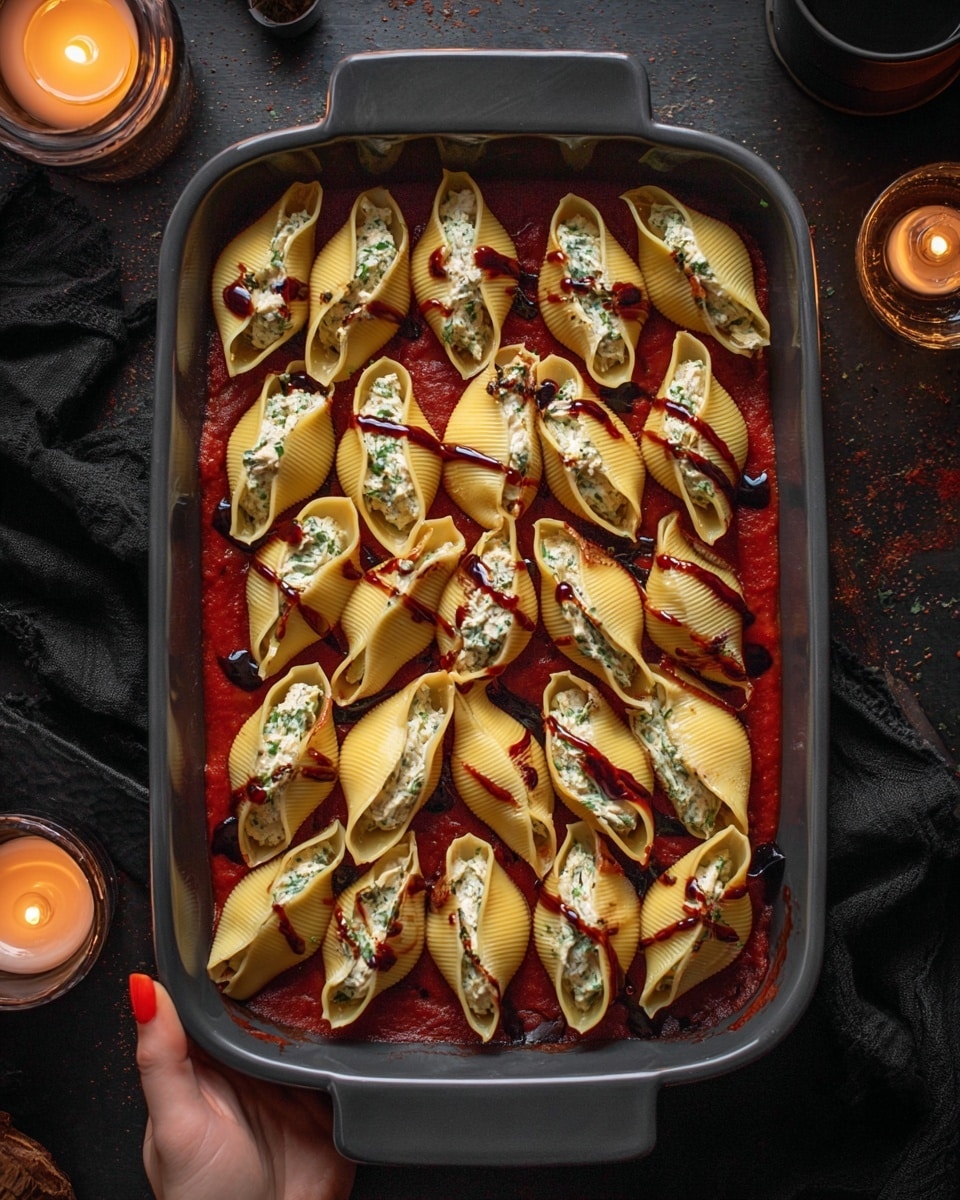 A dark gray baking dish holds a layer of chunky red tomato sauce at the bottom. On top are two layers of large pasta shells, slightly yellow with ridged texture, arranged neatly in three rows. Each shell is open and filled with a creamy white cheese mixture, some speckled with green herbs. The shells are drizzled with thin lines of dark balsamic glaze and some red sauce stains. The dish is placed on a dark surface with a black cloth nearby and a woman's hand holding the edge. Warm candlelight softly glows in the corner. Photo taken with an iphone --ar 4:5 --v 7