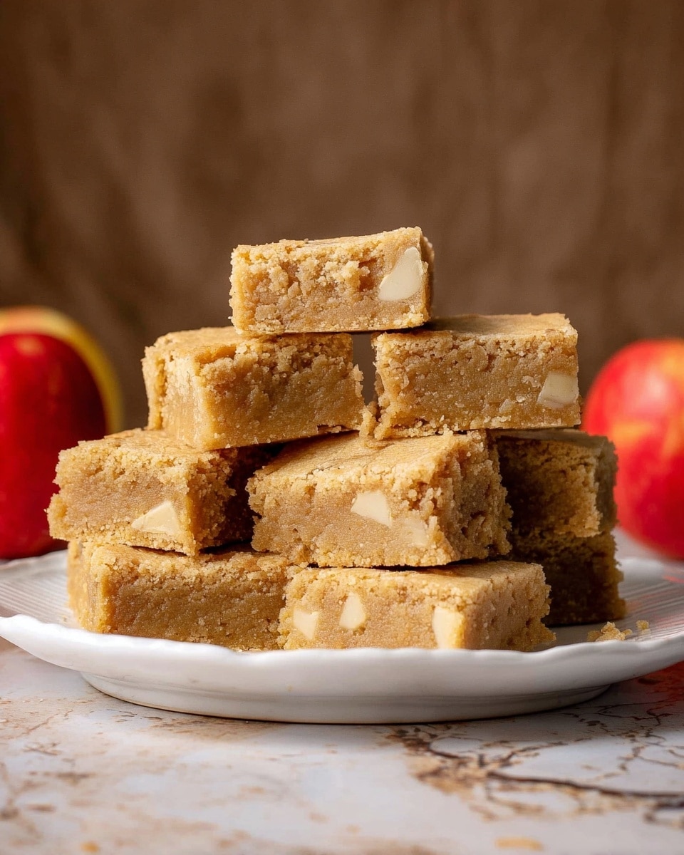 A stack of seven thick, square blondies with a soft and moist texture, light golden brown in color with small white chunks inside, is placed on a white plate that has a gently scalloped edge. Behind the plate, a red apple adds a pop of color, and the scene is set against a brown backdrop with a white marbled surface below. The blondies are arranged in two layers, with four pieces on the bottom layer and three pieces neatly stacked on top, showing their thickness and crumbly edges. Photo taken with an iphone --ar 4:5 --v 7