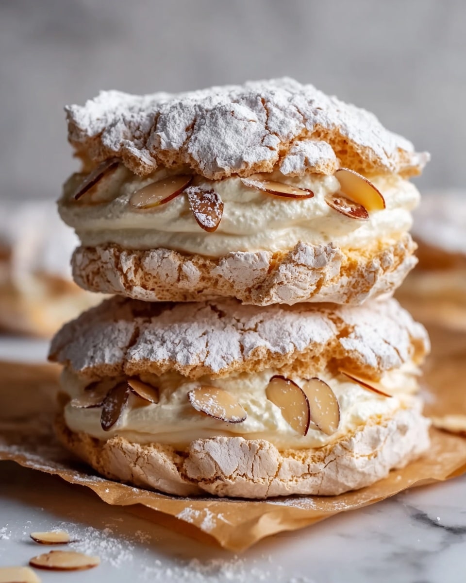 The image shows a close-up of a two-layer dessert with a rustic look, each layer made of light brown, cracked meringue that is dusted with a fine layer of white powdered sugar on top and edges. Between the meringue layers, there is a thick, creamy white filling with a smooth texture, surrounded by thin, toasted almond slices that peek out around the filling. The dessert sits on brown parchment paper placed on a white marbled surface, with a soft, blurred background. photo taken with an iphone --ar 4:5 --v 7