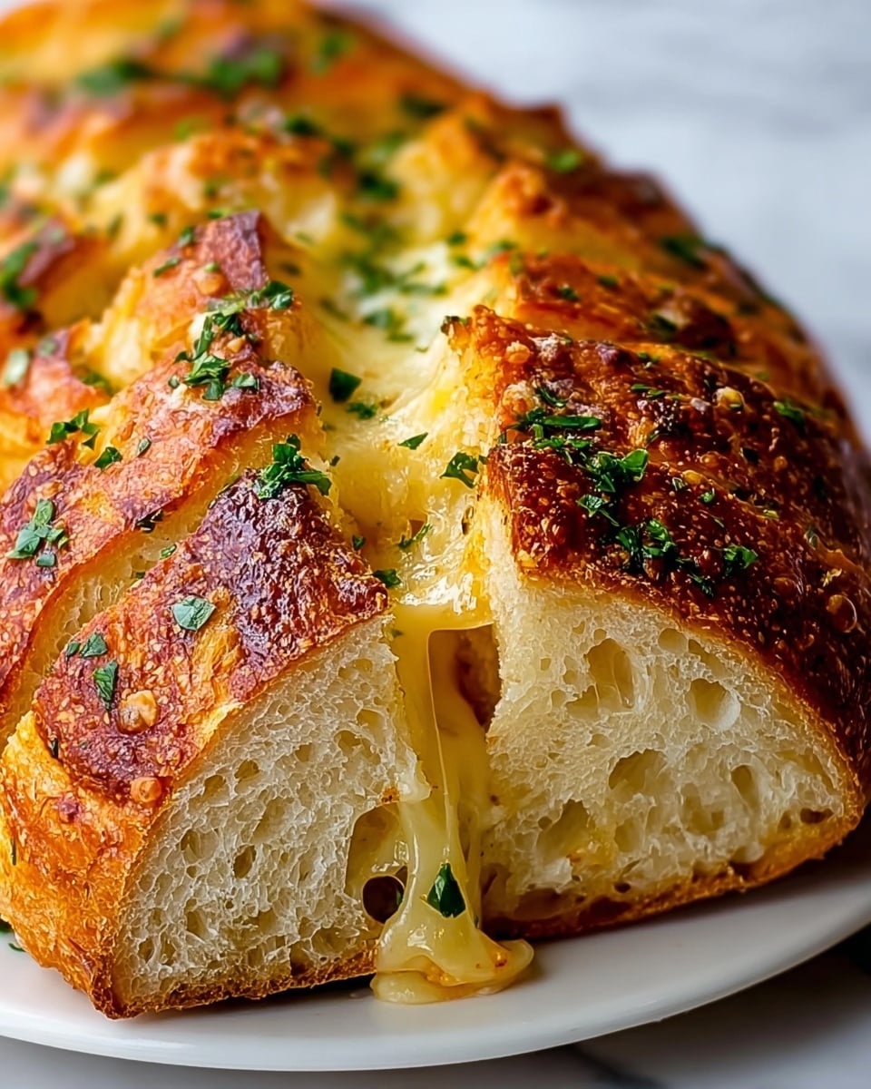 A close-up of a fresh loaf of bread with a golden brown crust, cut into large thick slices but still connected at the bottom, revealing a soft, airy, and spongy inside with visible holes. Melted cheese is oozing out between the slices in a pale yellow color with a gooey texture. The top is sprinkled with finely chopped green herbs that add a fresh contrast to the warm tones of the bread and cheese. The bread is placed on a white plate on a white marbled surface. photo taken with an iphone --ar 4:5 --v 7