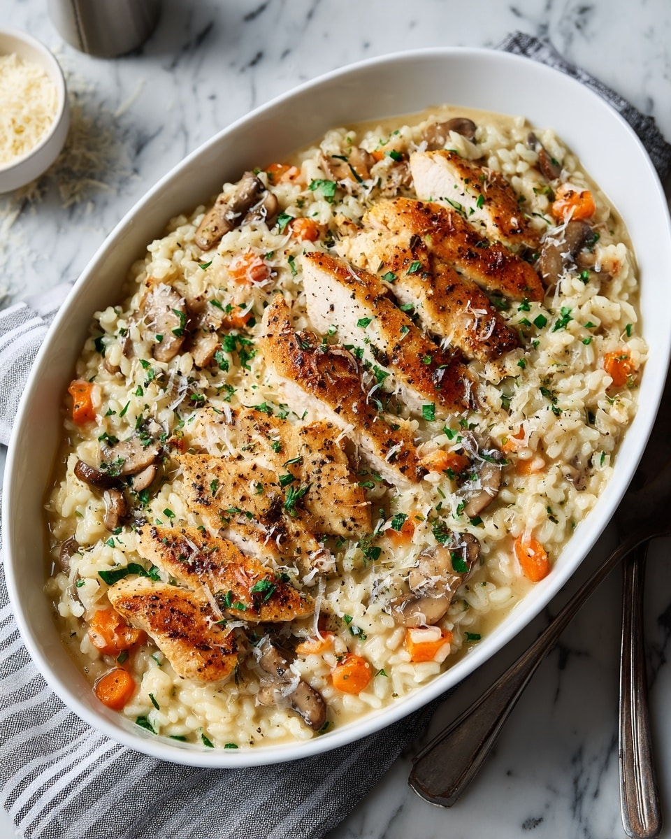 A white oval dish filled with a creamy risotto as the base layer, visible with grains of rice cooked soft and mixed with small brown pieces of mushrooms and orange chunks of carrots scattered throughout. On top, there are irregular pieces of golden-brown chicken placed across the surface, slightly overlapping. The dish is garnished with a sprinkling of finely chopped green herbs and a dusting of grated cheese and black pepper that adds texture and color contrast to the creamy and warm tones of the risotto and chicken. The dish sits on a white marbled surface with a striped grey cloth and a fork nearby, with a small container blurred in the background. photo taken with an iphone --ar 4:5 --v 7