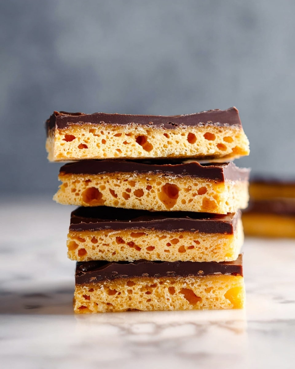 The image shows a stack of four rectangular honeycomb toffee pieces each layered with a shiny dark chocolate top. The honeycomb toffee layers are light golden yellow with many small and medium air bubbles creating a spongy texture, and they are stacked neatly one on top of another. The dark chocolate layers are thin, smooth, and slightly glossy, covering the top of each honeycomb piece. The stack sits directly on a white marbled surface with a blurred grey background. Photo taken with an iphone --ar 4:5 --v 7