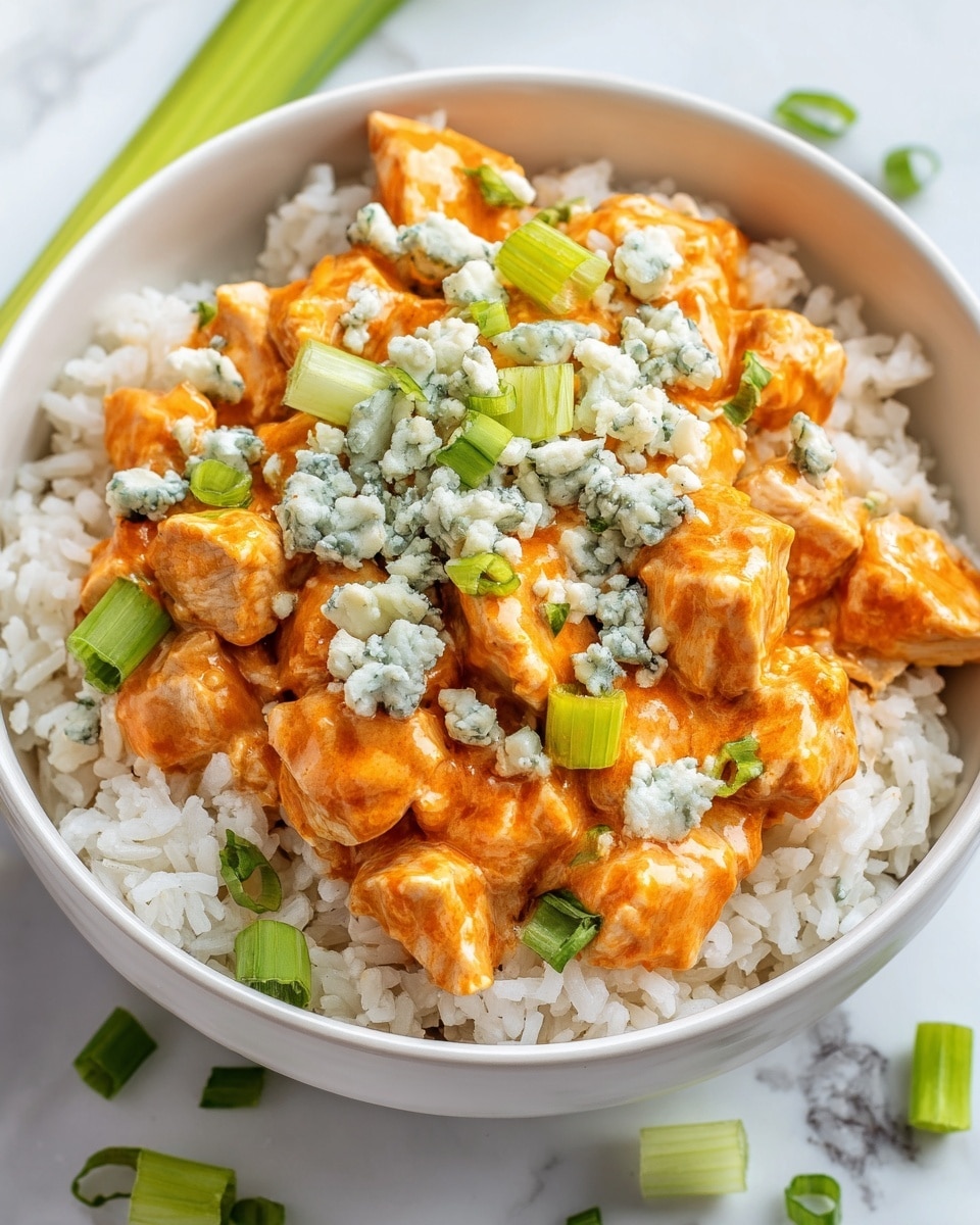 A white bowl filled with three visible layers: the bottom layer is soft white rice with a slightly sticky texture, the middle layer is bright orange creamy sauce coating tender chicken chunks, and the top layer is sprinkled with small pieces of blue cheese and green celery sticks, adding pops of blue and fresh green color, all set against a white marbled surface with scattered green onion pieces around the bowl. photo taken with an iphone --ar 4:5 --v 7