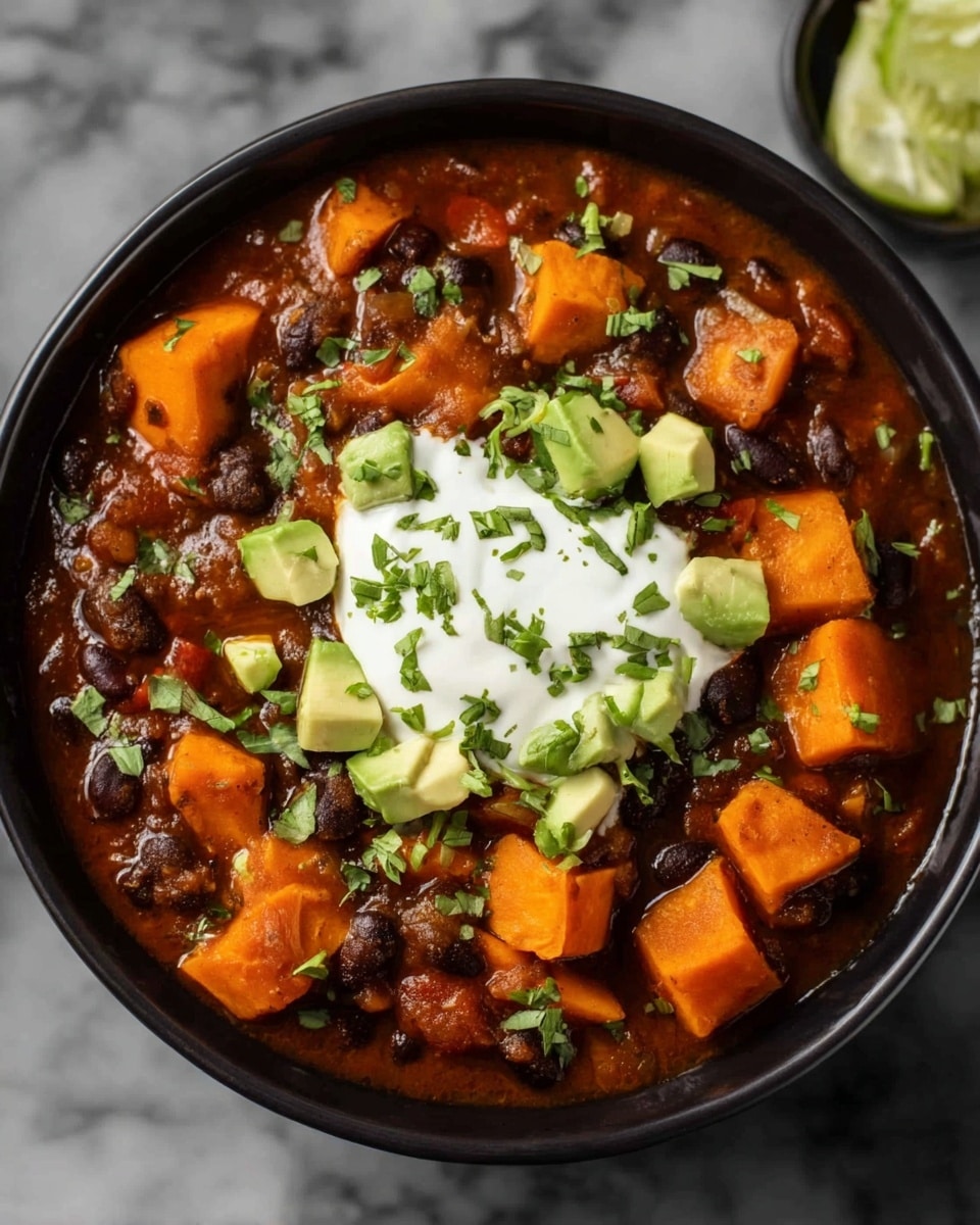 A black bowl filled with a thick chili showing three main layers: the base layer is a rich dark red-brown sauce with visible black beans and diced onions, the middle layer has large chunks of bright orange sweet potatoes, and the top layer is garnished with a white dollop of sour cream and small diced green avocado pieces. The bowl is set on a white marbled surface. Photo taken with an iphone --ar 4:5 --v 7