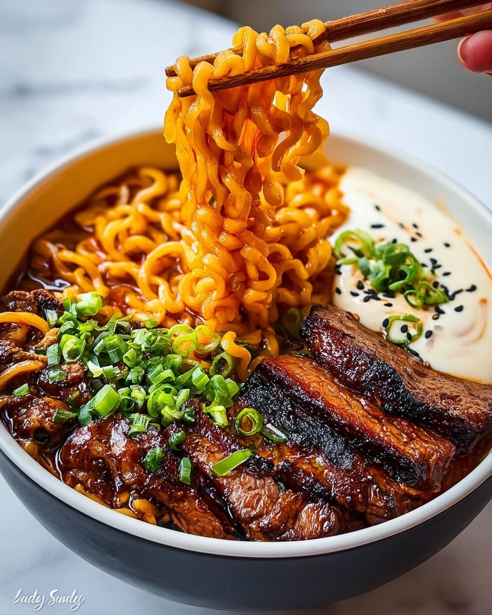 A white bowl filled with rich, orange-colored ramen noodles lifted with wooden chopsticks held by a woman's hand, showing the noodles' wavy texture. Beneath and around the noodles are thick, glossy slices of grilled meat with dark char marks, topped with chopped green onions. To the side, there is a creamy off-white sauce sprinkled with more green onions and small black seeds, contrasting with the deep, spicy broth. The bowl is placed on a white marbled surface, making the colors and textures stand out vividly. photo taken with an iphone --ar 4:5 --v 7