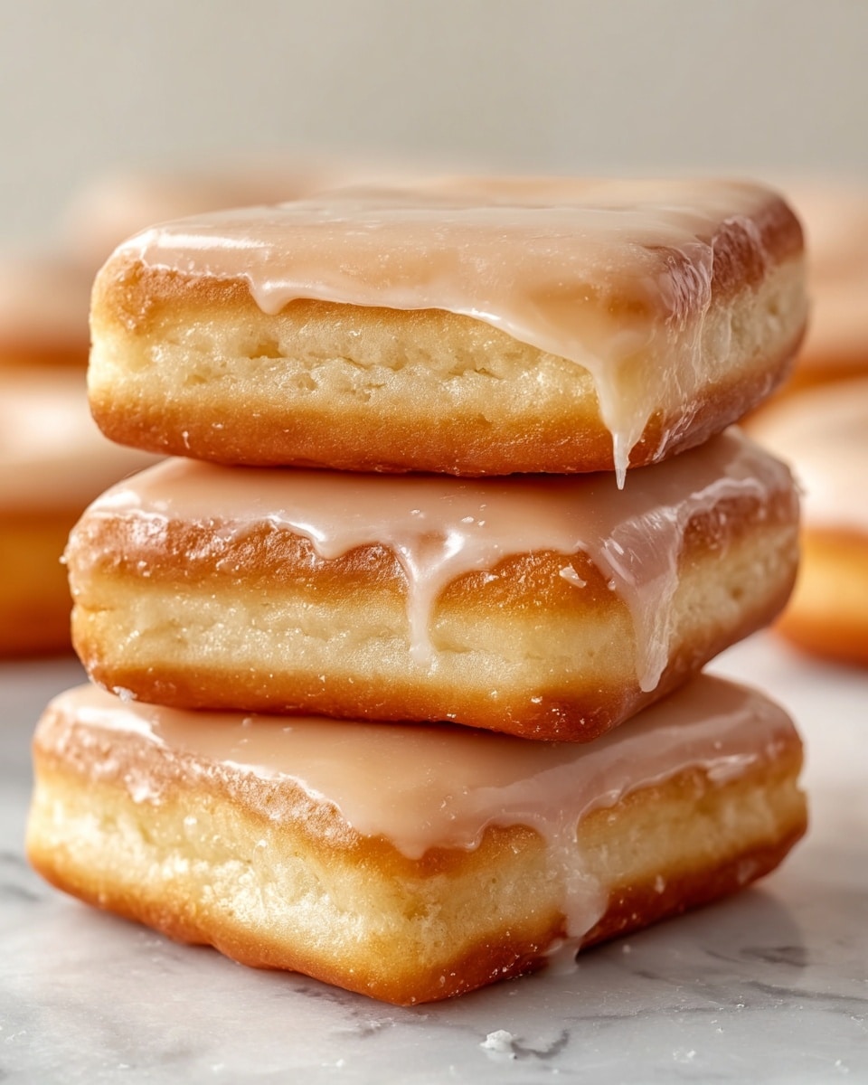 Three square doughnuts are stacked on top of each other on a white marbled surface. Each doughnut has a golden-brown bottom layer with a light, fluffy texture visible in the middle, and they are all topped with a smooth, light beige glaze that looks shiny and slightly thick. The layers clearly show the soft dough inside and the glossy icing on top, with some glaze gently dripping down the sides. In the blurred background, more doughnuts can be seen. Photo taken with an iphone --ar 4:5 --v 7