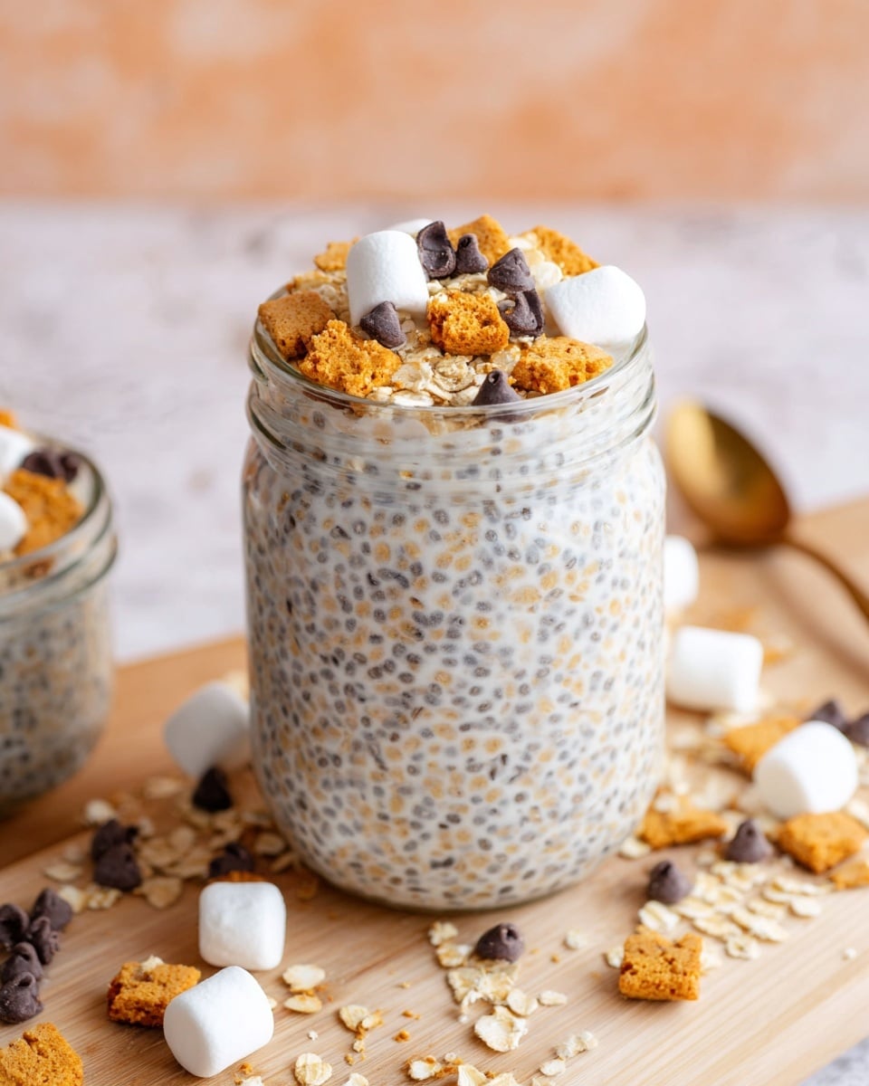 The image shows a glass jar filled with creamy, white chia pudding that has visible black chia seeds and small oat flakes mixed throughout, making a textured look throughout the jar. On top, there are white mini marshmallows, small dark chocolate chips, and broken pieces of golden-brown graham crackers sitting as the final layer. The jar is set on a light wooden board with more scattered mini marshmallows, chocolate chips, and graham cracker pieces around it. The background is a soft peach color blurred out, with the surface replaced by a white marbled texture. photo taken with an iphone --ar 4:5 --v 7