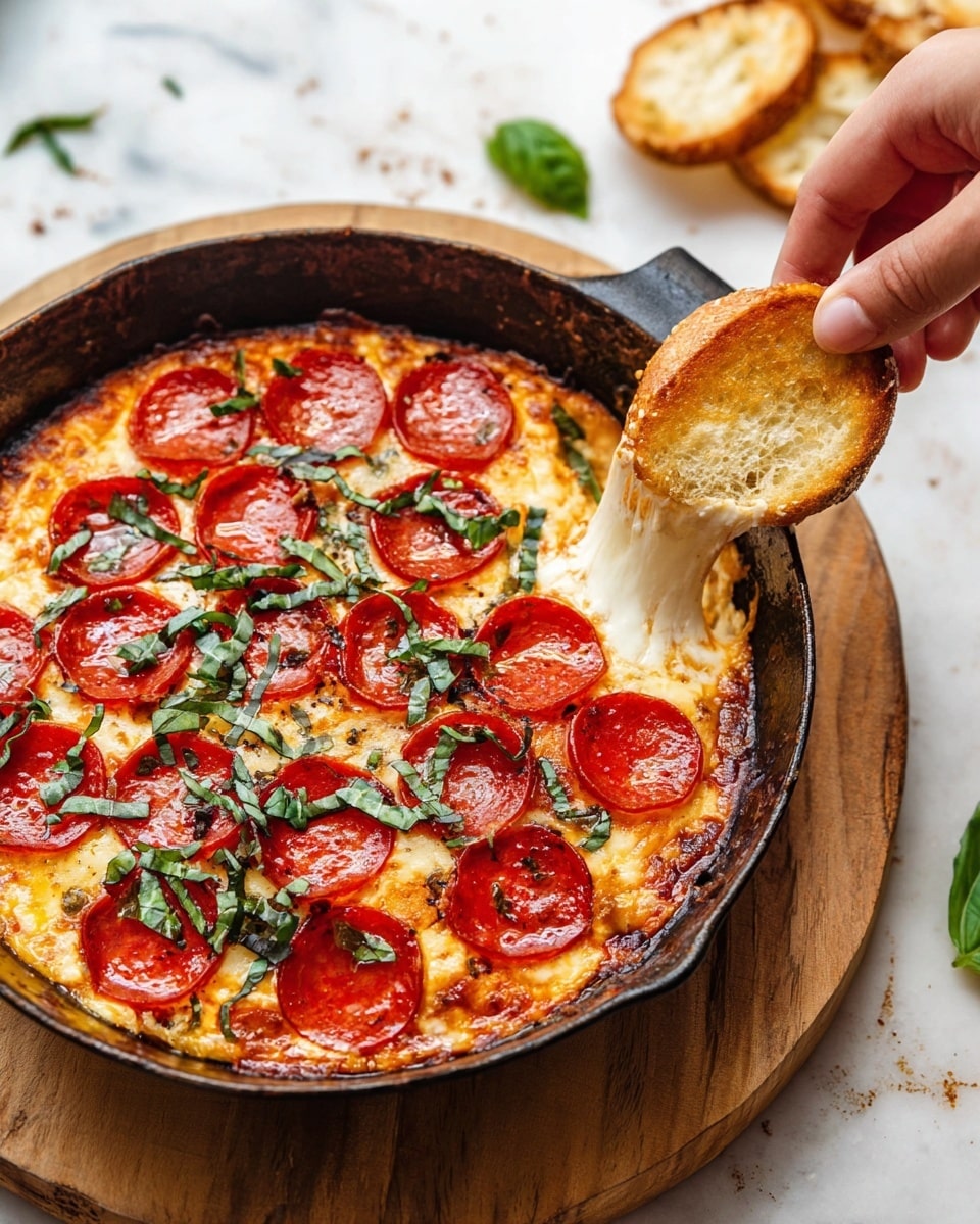 A small skillet filled with a baked dip that has three main layers: melted golden-brown cheese covering the bottom and sides, bright red pepperoni slices spread evenly on top of the cheese, and a generous sprinkle of chopped fresh green basil scattered over the pepperoni. A woman's hand is holding a toasted round piece of bread dipped into the cheesy layer, showing gooey melted cheese pulling away slightly. The skillet rests on a round wooden board placed on a white marbled surface, with some extra basil and toasted bread pieces around. Photo taken with an iphone --ar 4:5 --v 7