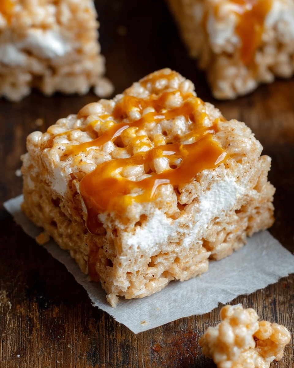 A close-up view of a single square rice crispy treat with three visible layers: a light tan crispy rice cereal base, a middle layer of white gooey melted marshmallow, and an uneven drizzle of shiny caramel sauce running through the center. The texture looks sticky and soft with some slight browning on the rice cereal pieces. The treat sits on a piece of white parchment paper over a dark wooden surface. A small broken piece of the treat is nearby, showing the airy look of the cereal. Photo taken with an iphone --ar 4:5 --v 7