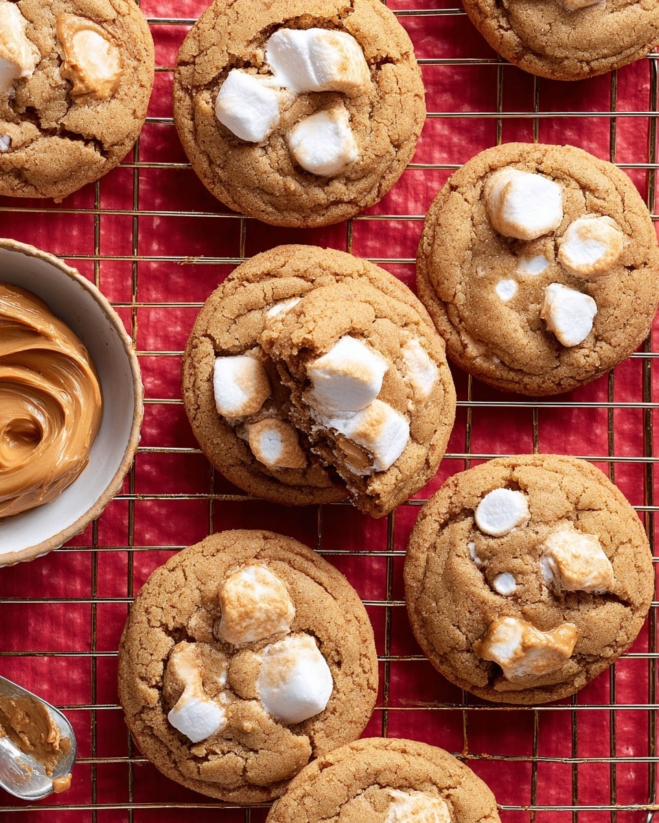 The image shows a group of soft, round cookies on a cooling rack with a red tiled base beneath. Each cookie has a light golden brown color with a slightly cracked surface, showing gooey white marshmallow pieces melted and puffed inside and peeking out around the edges. The texture of the cookies looks chewy with some roughness on top. On the left side, there is a bit of peanut butter visible in a white bowl, creamy and smooth with a rich brown tone. The bright white marbled surface sits at the bottom edge next to a shiny silver spatula. photo taken with an iphone --ar 4:5 --v 7