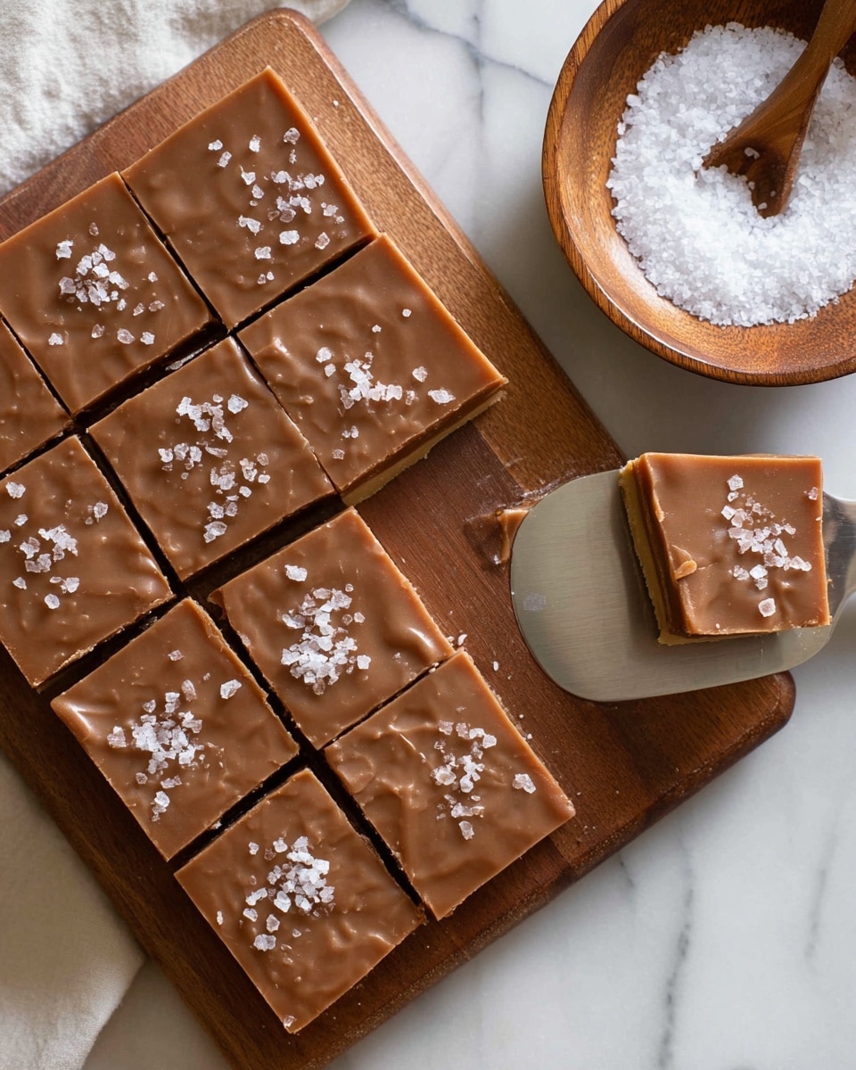 The image shows a layered dessert cut into a triangle shape, placed on a wooden board over a white marbled surface. The dessert has five visible layers; the bottom, second, and fourth layers are light-colored crisp biscuit layers, while the third and top layers are a smooth, light brown caramel or toffee filling. The very top layer is a thick, glossy milk chocolate coating sprinkled with flaky sea salt crystals. The texture of the biscuit layers is crumbly and slightly coarse, while the caramel layers appear silky and soft. Photo taken with an iphone --ar 4:5 --v 7