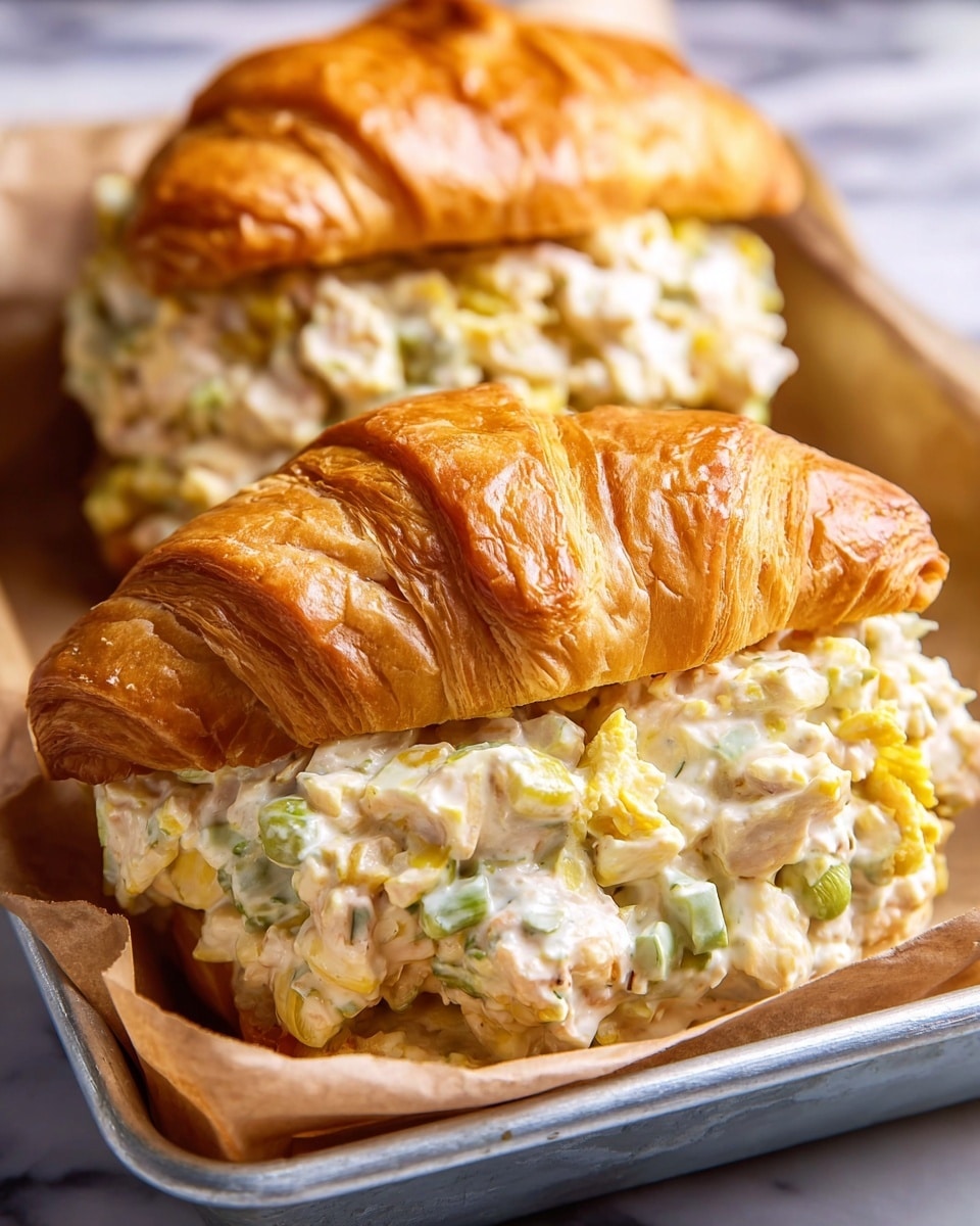 Two thick sandwiches sit in a metal tray lined with brown parchment paper. Each sandwich has a golden-brown, flaky croissant top with visible layers of crispy, buttery pastry. The filling is creamy and chunky, made of white and light yellow pieces mixed with bits of green, giving a rich, textured look that spills slightly from the sides. The background surface is a white marbled texture. photo taken with an iphone --ar 4:5 --v 7