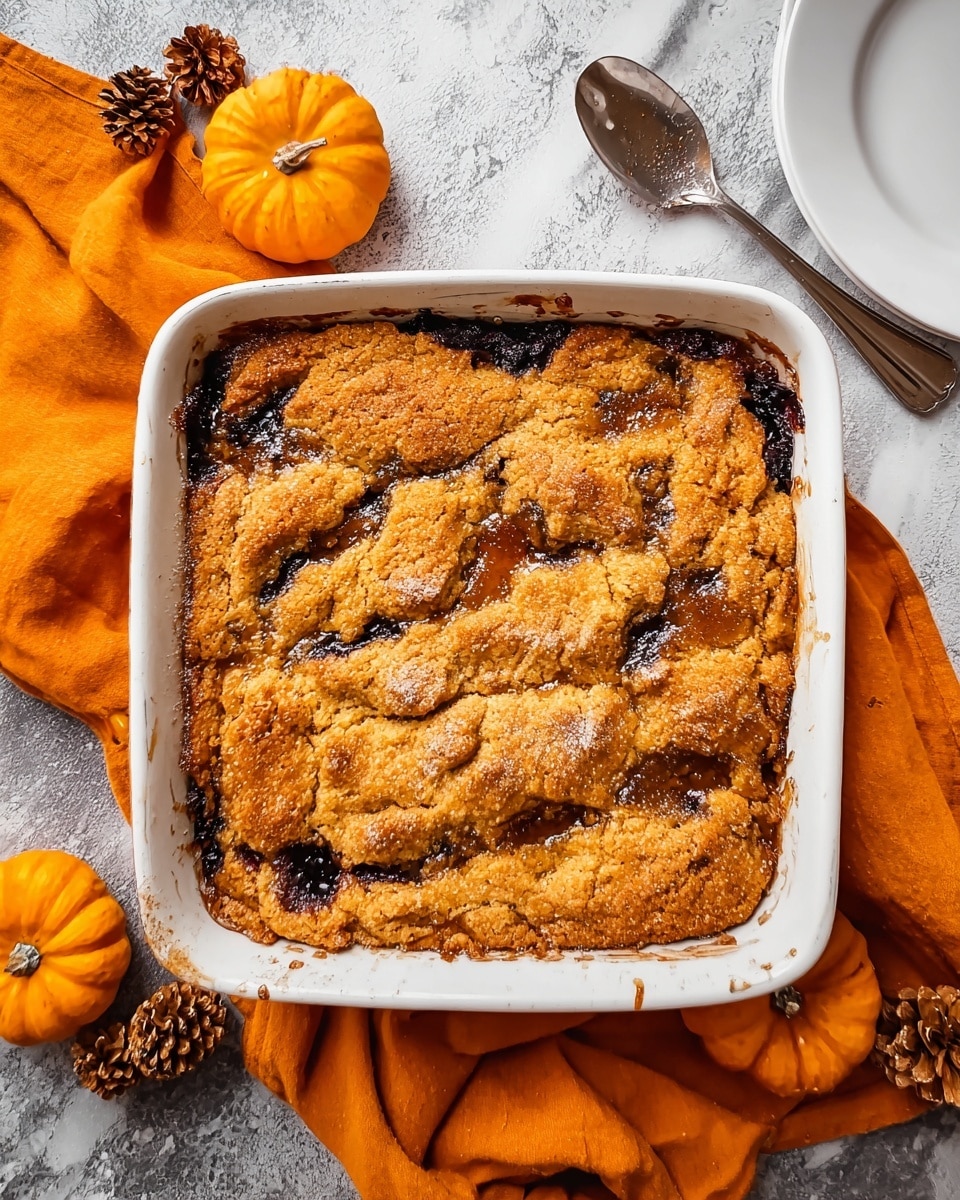 A square white baking dish holds a warm, golden-brown cobbler with a slightly cracked and crisp top layer showing hints of bubbling dark fruit filling underneath. The cobbler's crust is rough-textured and uneven, with some spots darker than others, revealing sticky syrup around the edges. The dish sits on a bright orange cloth draped loosely on a white marbled surface. Around the dish, there are small decorative pumpkins and pinecones, adding an autumn feel. A silver fork rests above the dish on the cloth, and a white plate edge is visible in the top right corner. Photo taken with an iphone --ar 4:5 --v 7