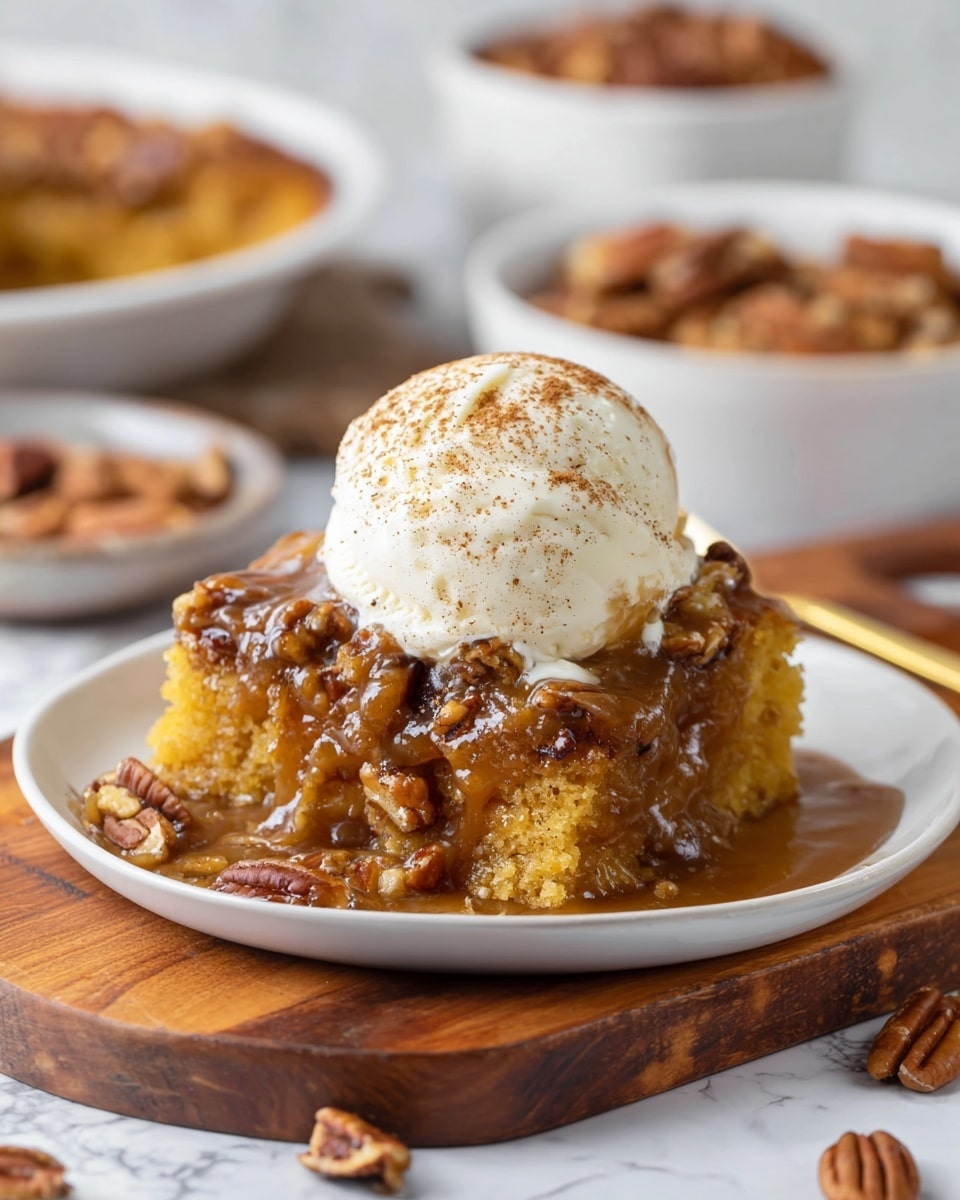 A white plate holds a dessert with three layers: the bottom layer is a moist golden-yellow cake mixed with gooey brown caramel and small pecan pieces, the middle layer is thick and sticky caramel sauce, and the top layer is a round, smooth scoop of creamy white vanilla ice cream sprinkled lightly with brown cinnamon powder. The dessert sits on a wooden board sprinkled with pecans and cinnamon powder, set against a white marbled surface. In the blurred background, there are bowls with more dessert and pecans. Photo taken with an iphone --ar 4:5 --v 7