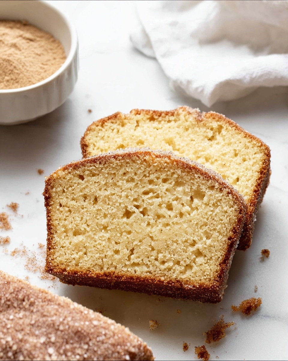 Two slices of light golden brown cake are stacked slightly off center on a white marbled surface, showing a soft and moist crumb texture with tiny air pockets. Below the slices, part of a cinnamon sugar coated loaf with a rough, sparkly crust is visible. Small crumbs are scattered around the cake. To the left, there is a white bowl filled with a light brown powdery cinnamon sugar mix, and a white cloth is partially shown. Photo taken with an iphone --ar 4:5 --v 7
