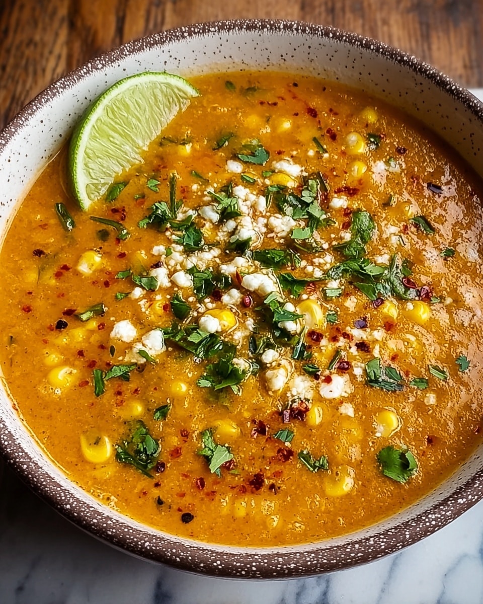 A white bowl filled with a thick orange soup that has visible yellow corn kernels and small bits of onion mixed throughout. The soup is topped with scattered white crumbles of cheese, bright green chopped herbs, and a sprinkle of red chili flakes. A lime wedge sits on the edge of the bowl, adding a fresh green accent. The bowl has speckled dark brown edges and is placed on a wooden surface replaced with a white marbled texture. The photo is taken from above, showing the full round shape of the bowl and the colorful soup inside. photo taken with an iphone --ar 4:5 --v 7