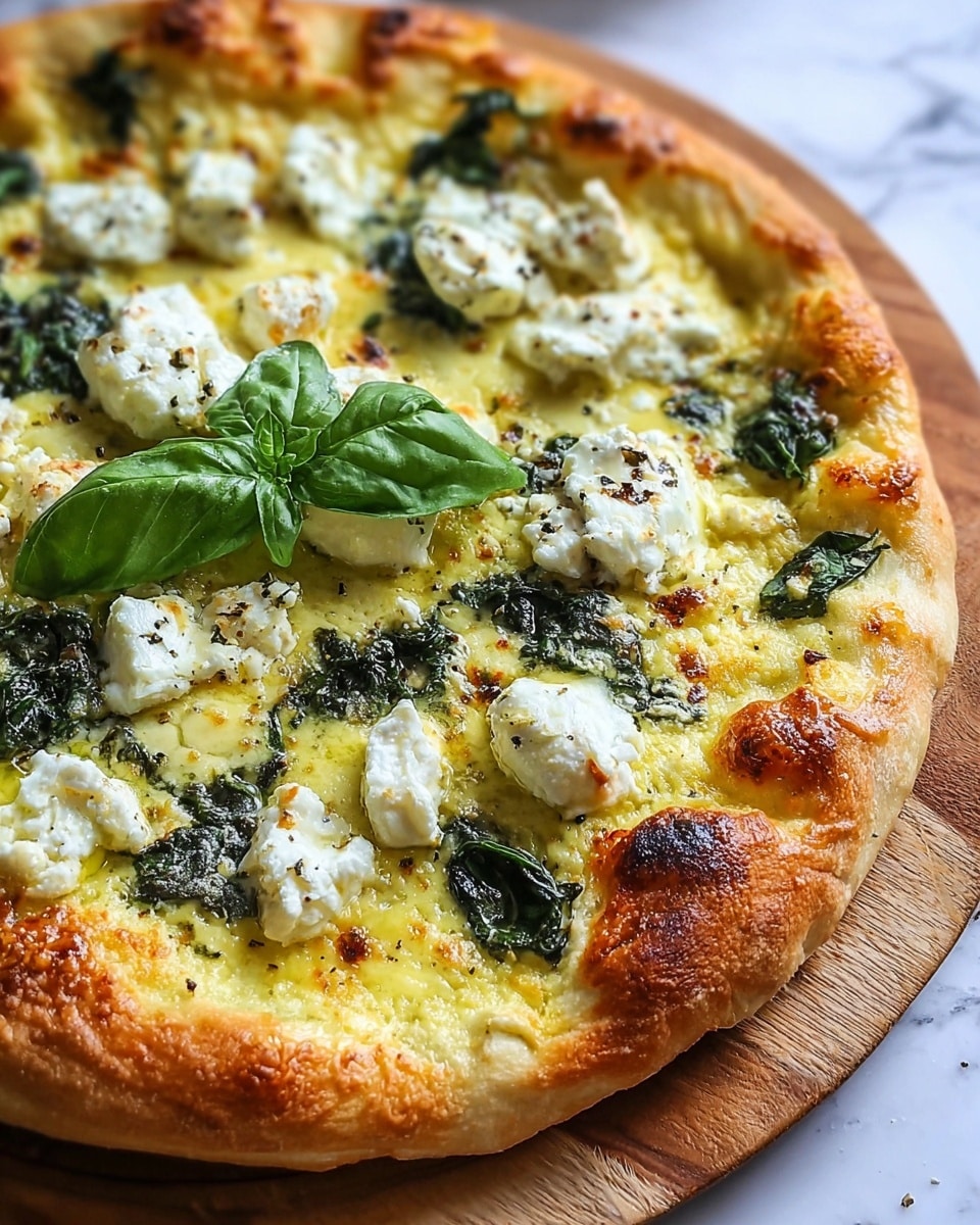 A close-up of a pizza with a thick, golden-brown crust around the edge, showing some bubbled and toasted spots. The base layer is a light yellow sauce or melted cheese spread evenly on the surface. On top, there are several dark green cooked spinach leaves scattered around. White chunks of soft cheese are spread over the pizza, some with specks of black pepper on them. A whole fresh green basil leaf is placed in the center. The pizza is placed on a wooden board with a white marbled surface in the background. photo taken with an iphone --ar 4:5 --v 7