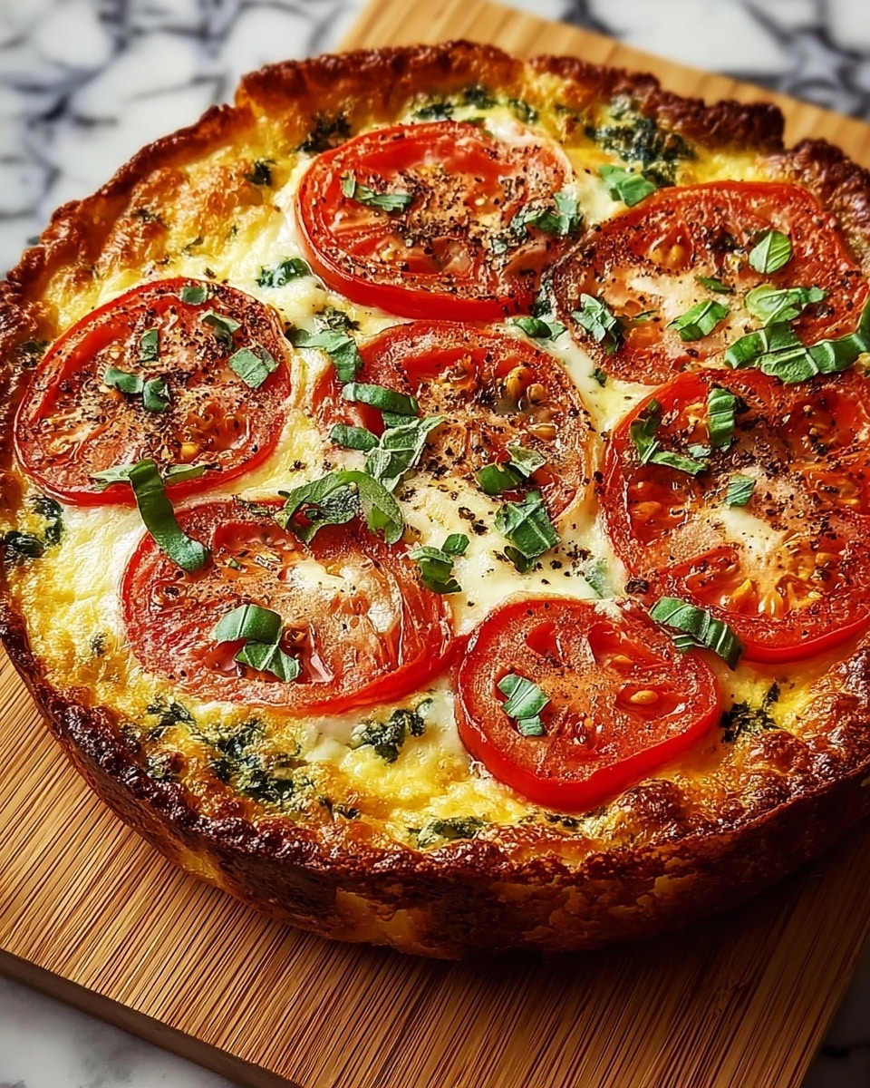 A round baked dish with a golden-brown crust that looks crispy and slightly raised on the edges, filled with a layer of melted cheese mixed with green herbs that create uneven patches of white and green texture beneath bright red tomato slices spread evenly on top. The tomatoes have a juicy, soft look with some black seasoning sprinkled over them, while fresh chopped green basil leaves are scattered across the surface adding contrast in color and texture. The dish is set on a wooden board with a white marbled texture underneath. photo taken with an iphone --ar 4:5 --v 7