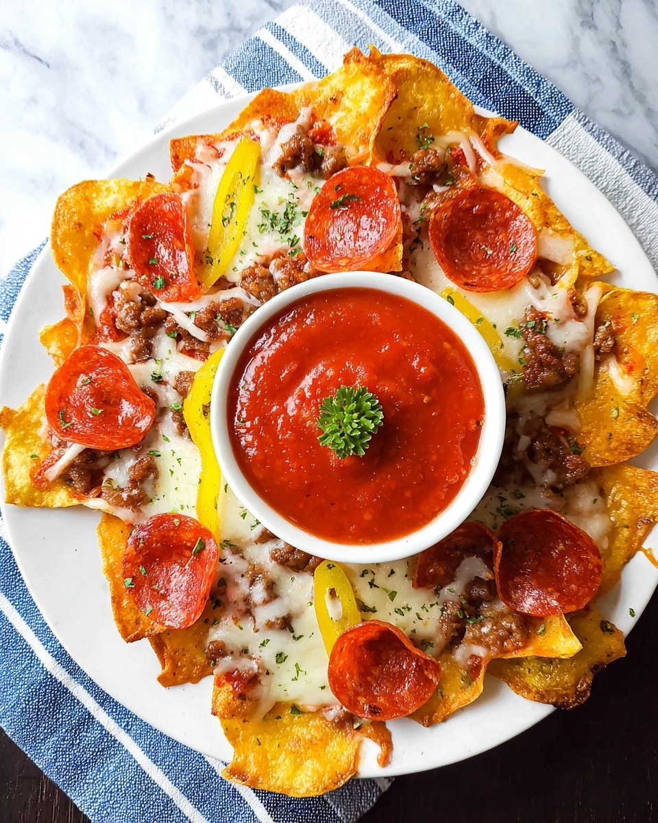 A white plate is filled with two layers of crispy golden chips topped with melted white cheese, small browned sausage pieces, round red pepperoni slices, and bright yellow pepper rings. In the center of the plate sits a white bowl filled with thick, red marinara sauce garnished with a small green parsley leaf. The chips are slightly browned on the edges with a bubbly texture, and the toppings are scattered evenly across both layers. The plate is set on a blue and white striped cloth over a white marbled surface. photo taken with an iphone --ar 4:5 --v 7