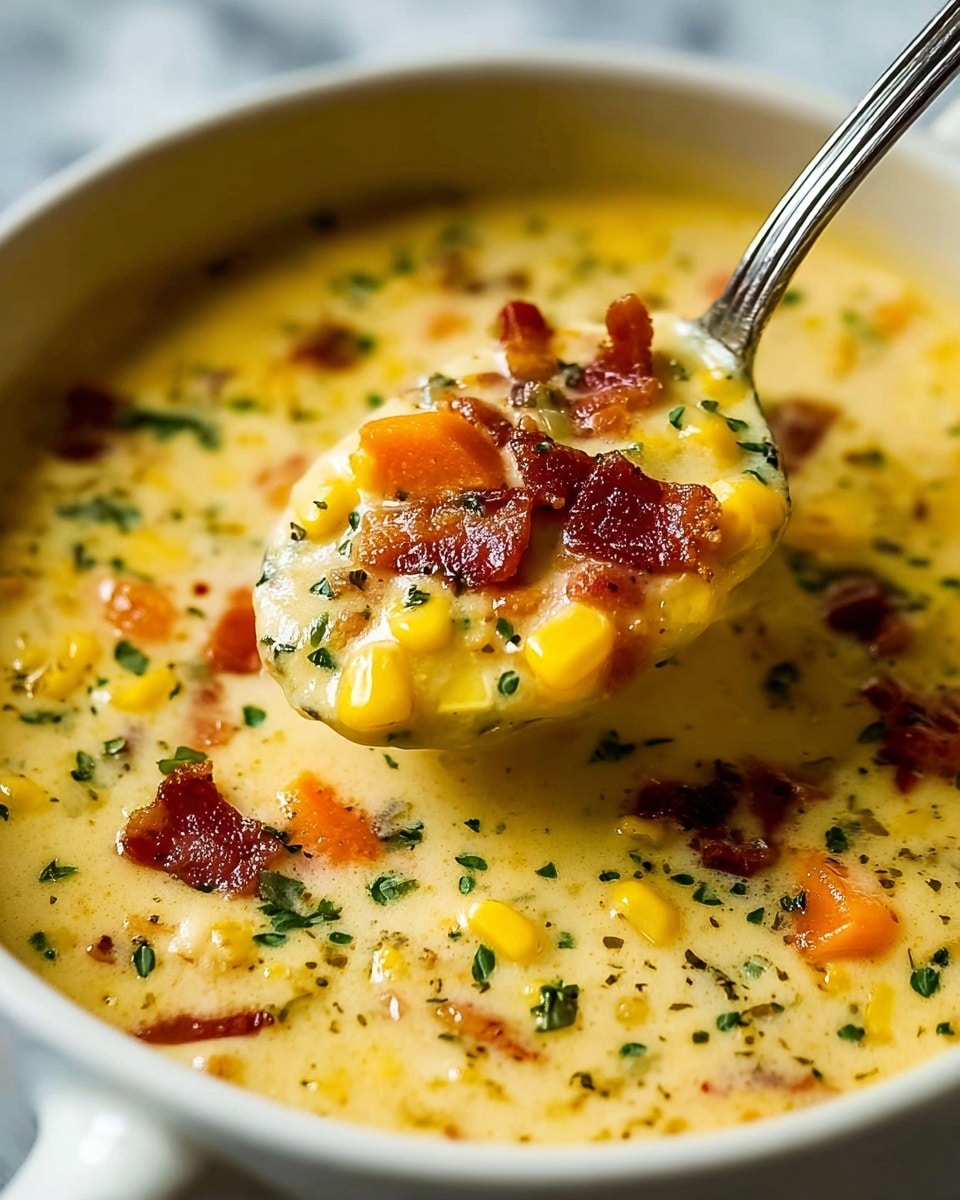 A close-up of a creamy soup in a white bowl filled with bright yellow corn kernels, small diced orange carrots, and crispy reddish-brown bacon bits, all mixed into a rich, pale yellow broth with visible green herb flakes scattered throughout. A silver spoon lifts some of the soup, showing a thick texture with corn, bacon, and herbs clearly visible on it. The background is a white marbled texture. photo taken with an iphone --ar 4:5 --v 7