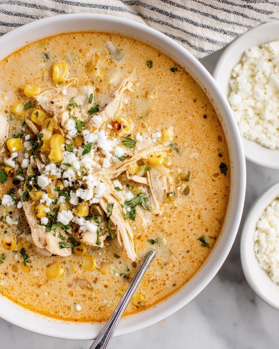 A close-up of a creamy soup in a white bowl with a metal spoon resting on the right side. The soup has a light orange color with a smooth texture and visible tiny specks. On top, there are layers of shredded white chicken, yellow corn kernels with some slightly charred marks, and chopped green herbs. White crumbly cheese is sprinkled over the top, adding texture and color contrast. To the right, a small white bowl holds more of the white crumbly cheese. The background is a white marbled surface with a portion of a striped cloth visible. Photo taken with an iphone --ar 4:5 --v 7